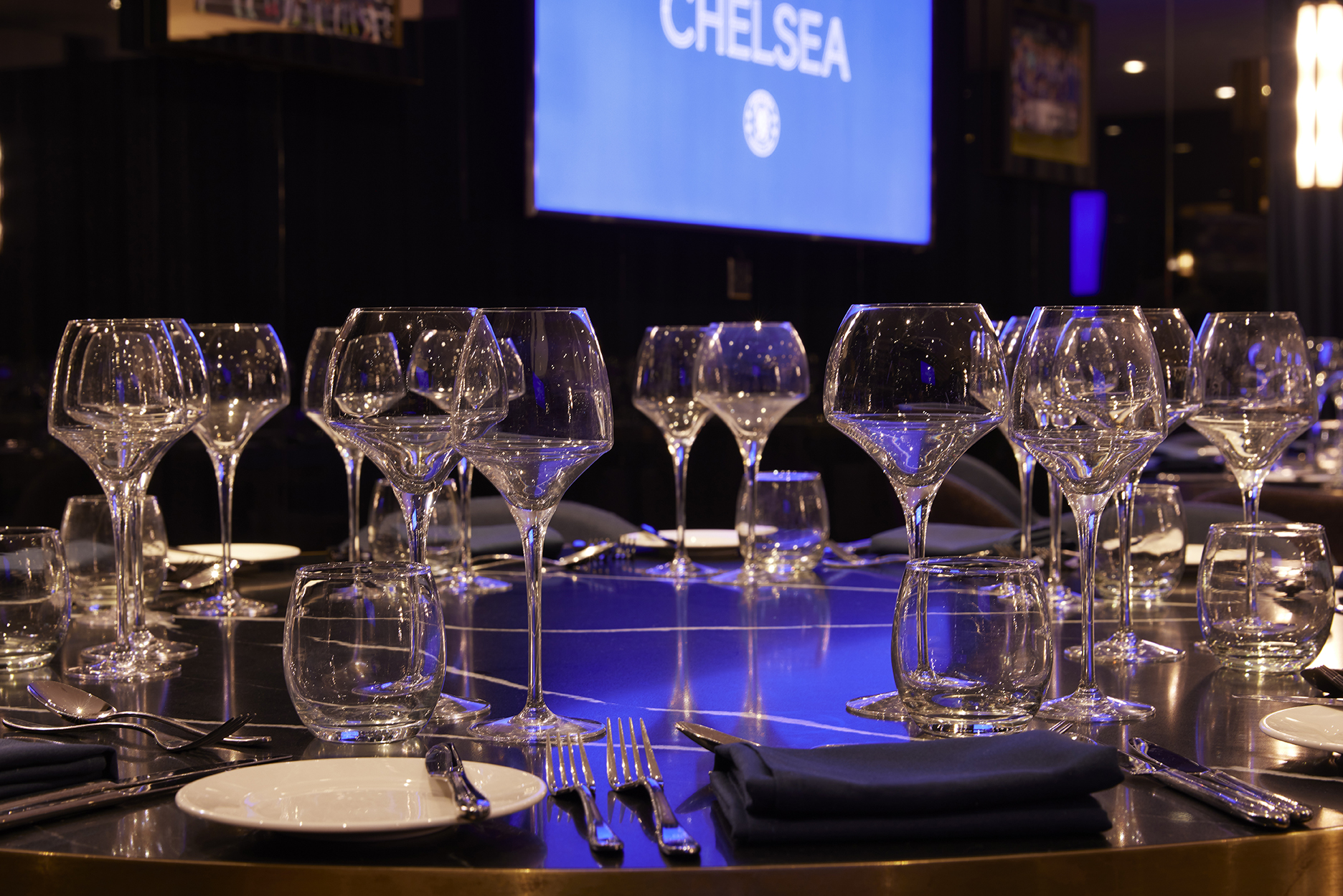 Elegant dining table at Chelsea FC for corporate events and galas.