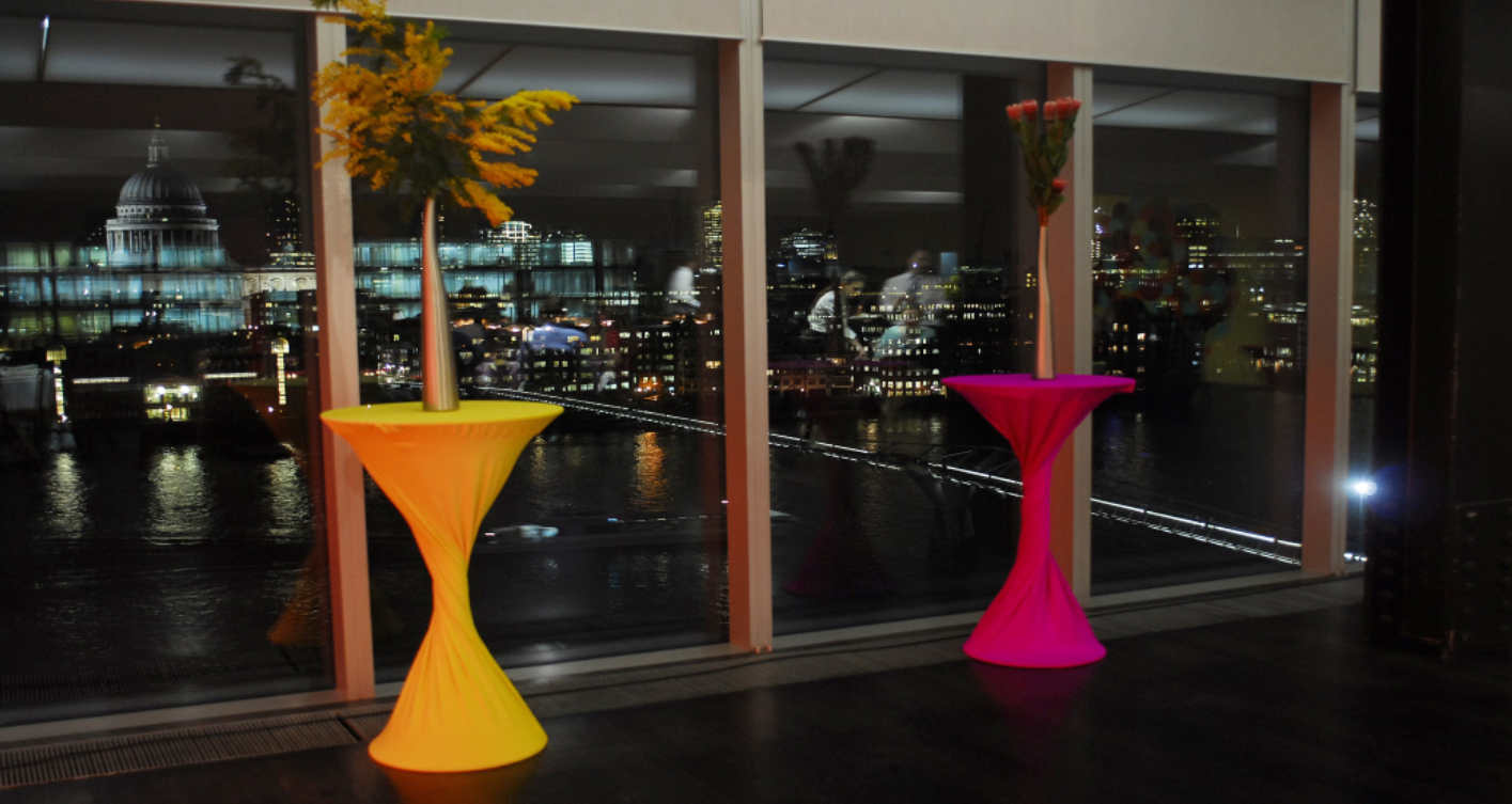 East Room at Tate Modern: vibrant cocktail tables, city skyline, ideal for events.