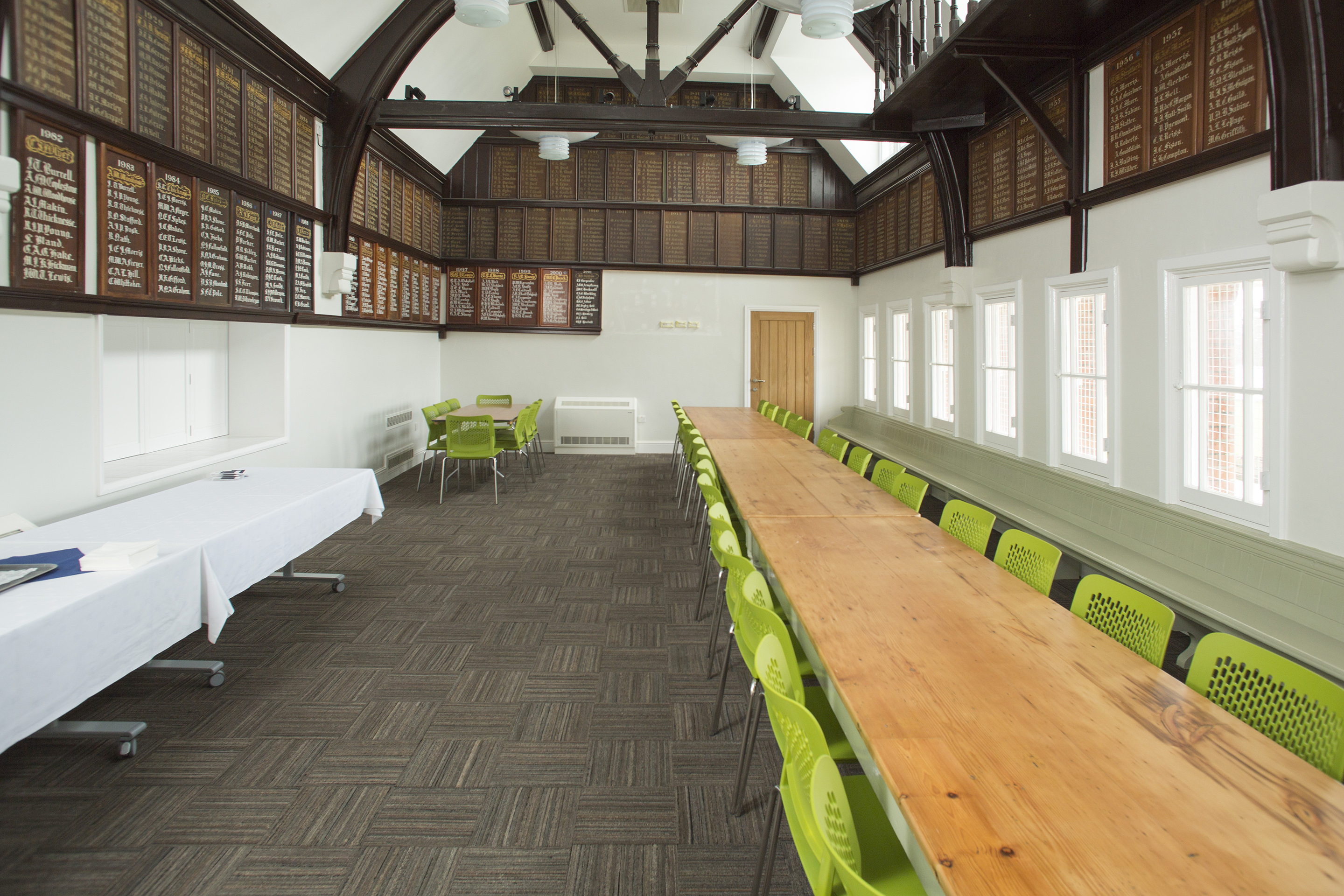 Cricket Pavilion meeting room with wooden beams, ideal for workshops and team gatherings.