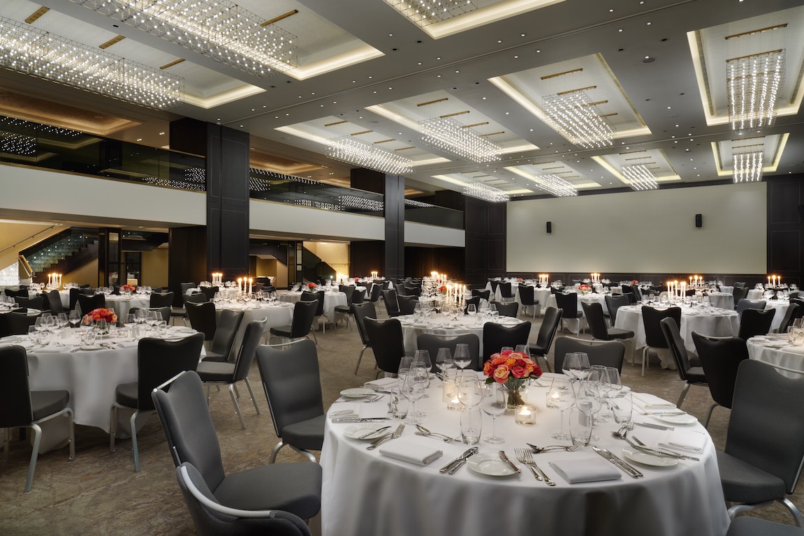 Bankside Ballroom at Hilton London, elegant dinner setup for corporate events and weddings.