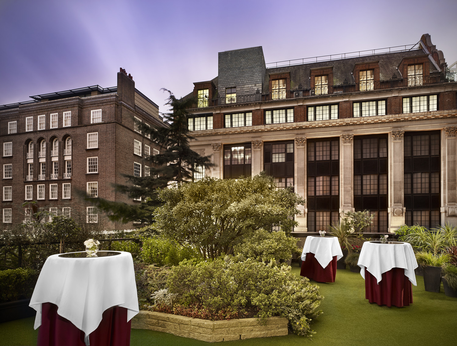 Trianon Room outdoor event space with elegant tables, perfect for cocktail receptions in London.