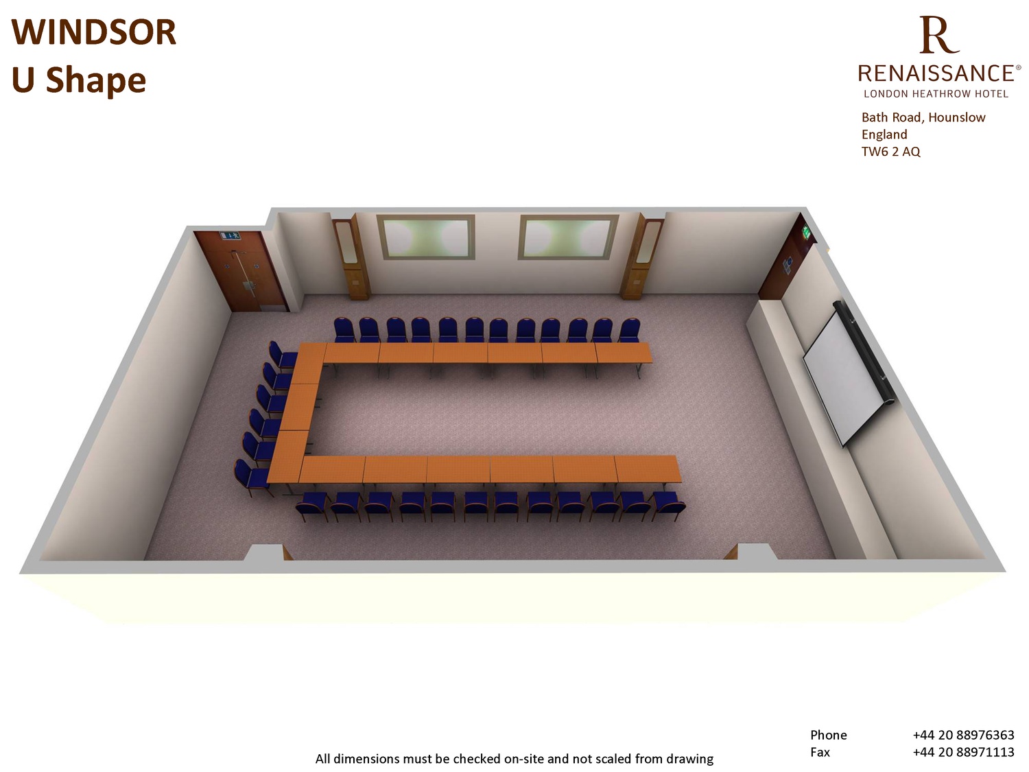 Windsor Suite U-shaped meeting room at Renaissance London Heathrow Hotel for effective presentations.