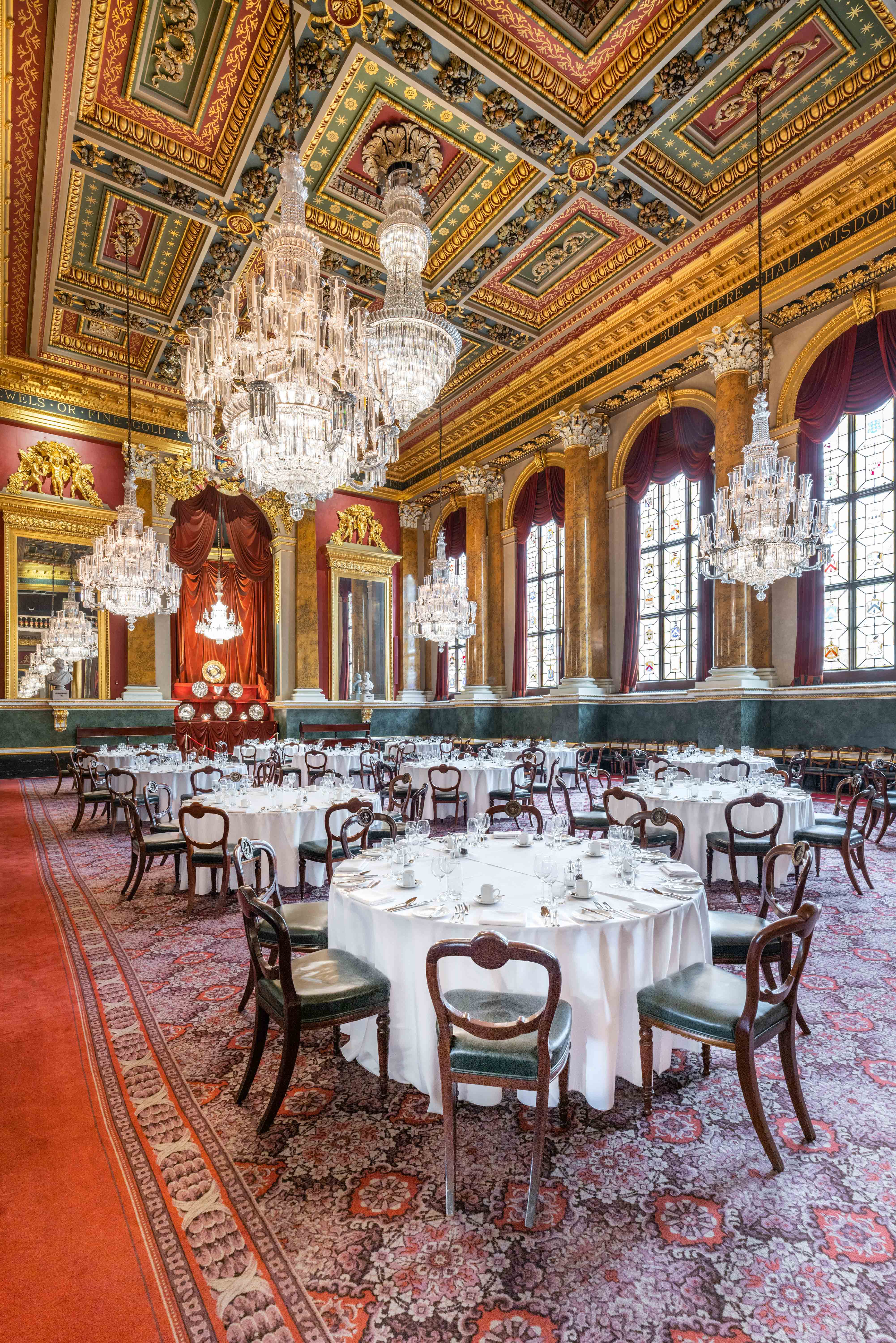 Elegant banquet hall at Goldsmiths' Hall, perfect for formal dinners and gala receptions.