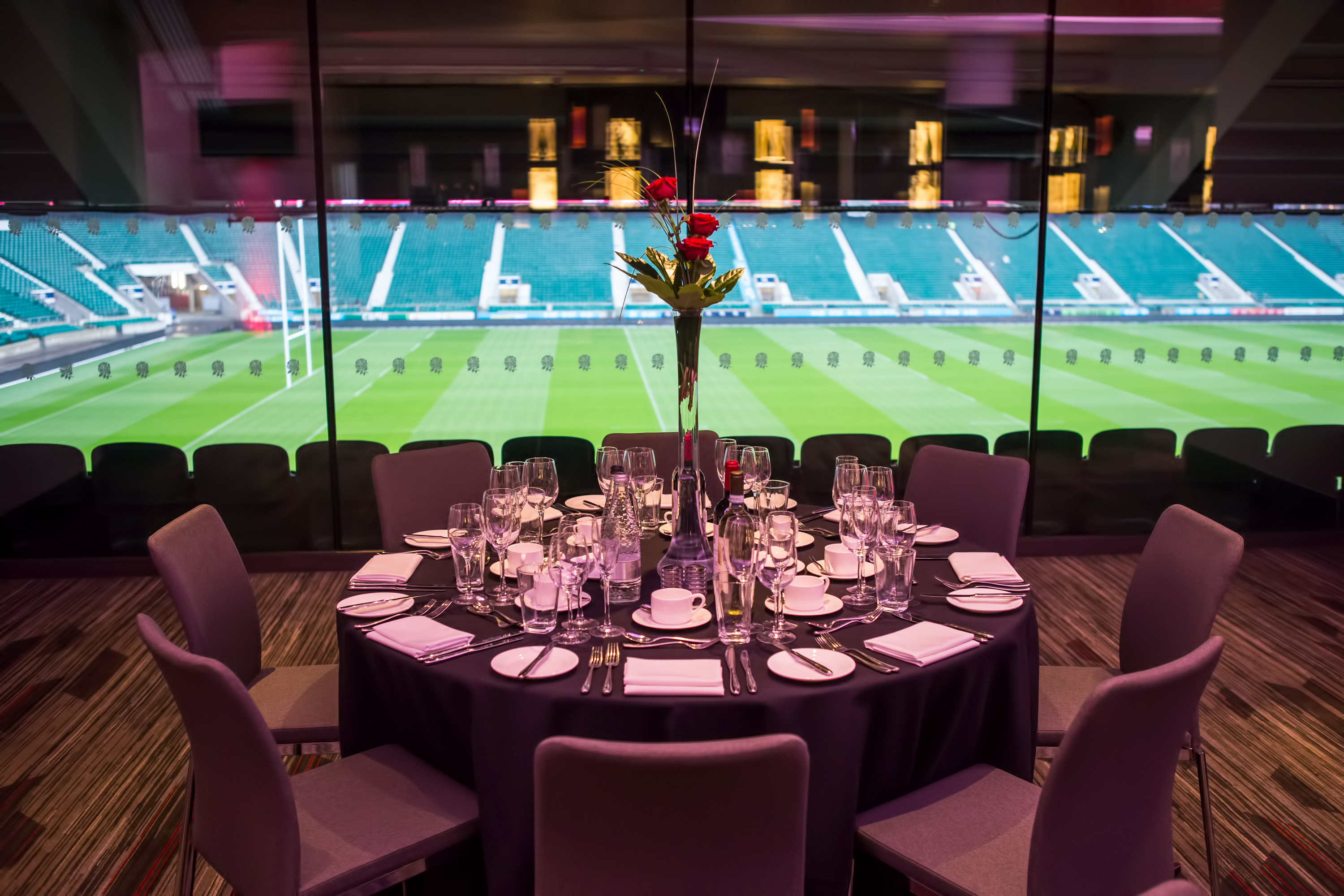Elegant dining table in Members' Lounge, Allianz Stadium for corporate events and gala dinners.