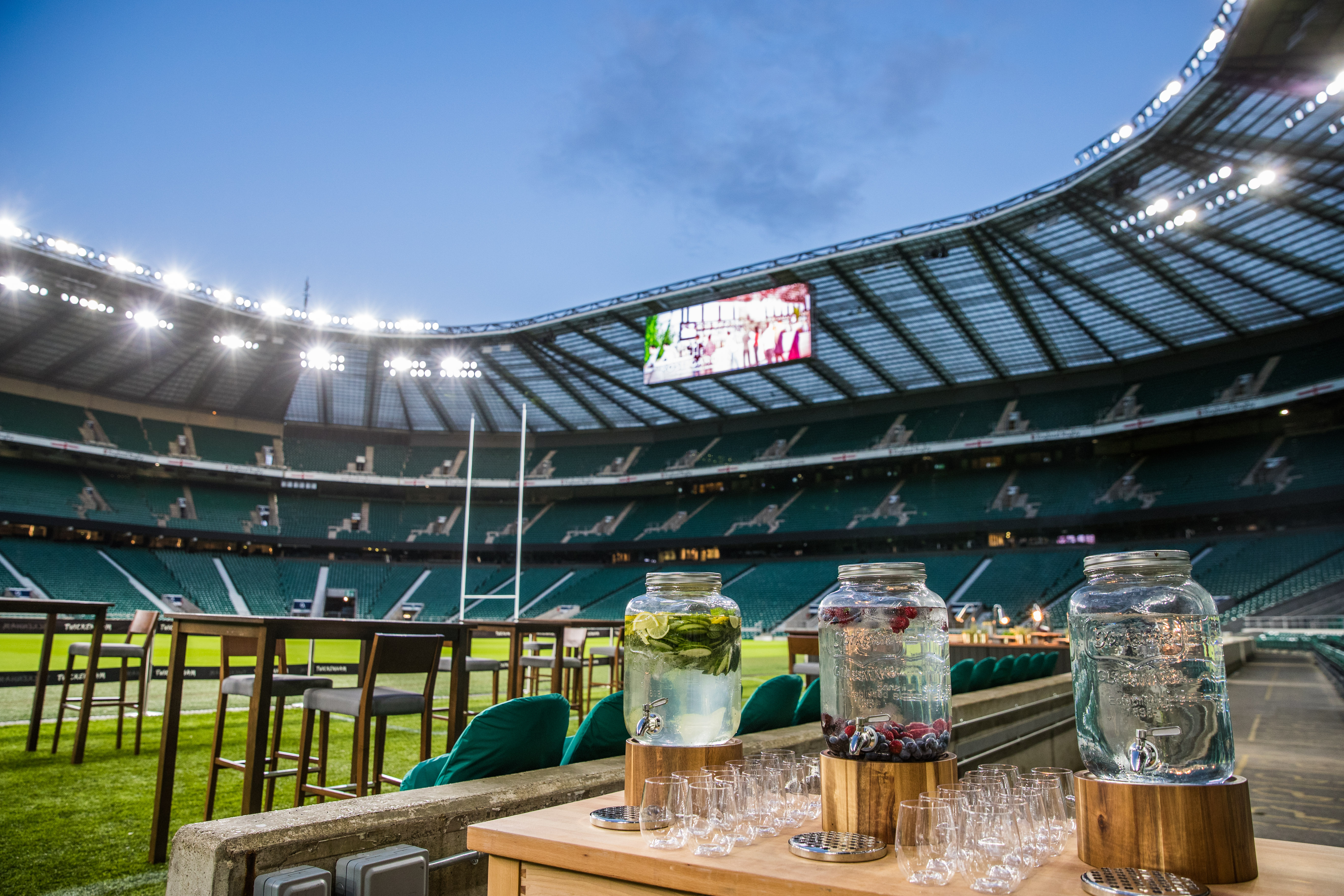 Allianz Stadium event setup with elegant drink stations for corporate gatherings.