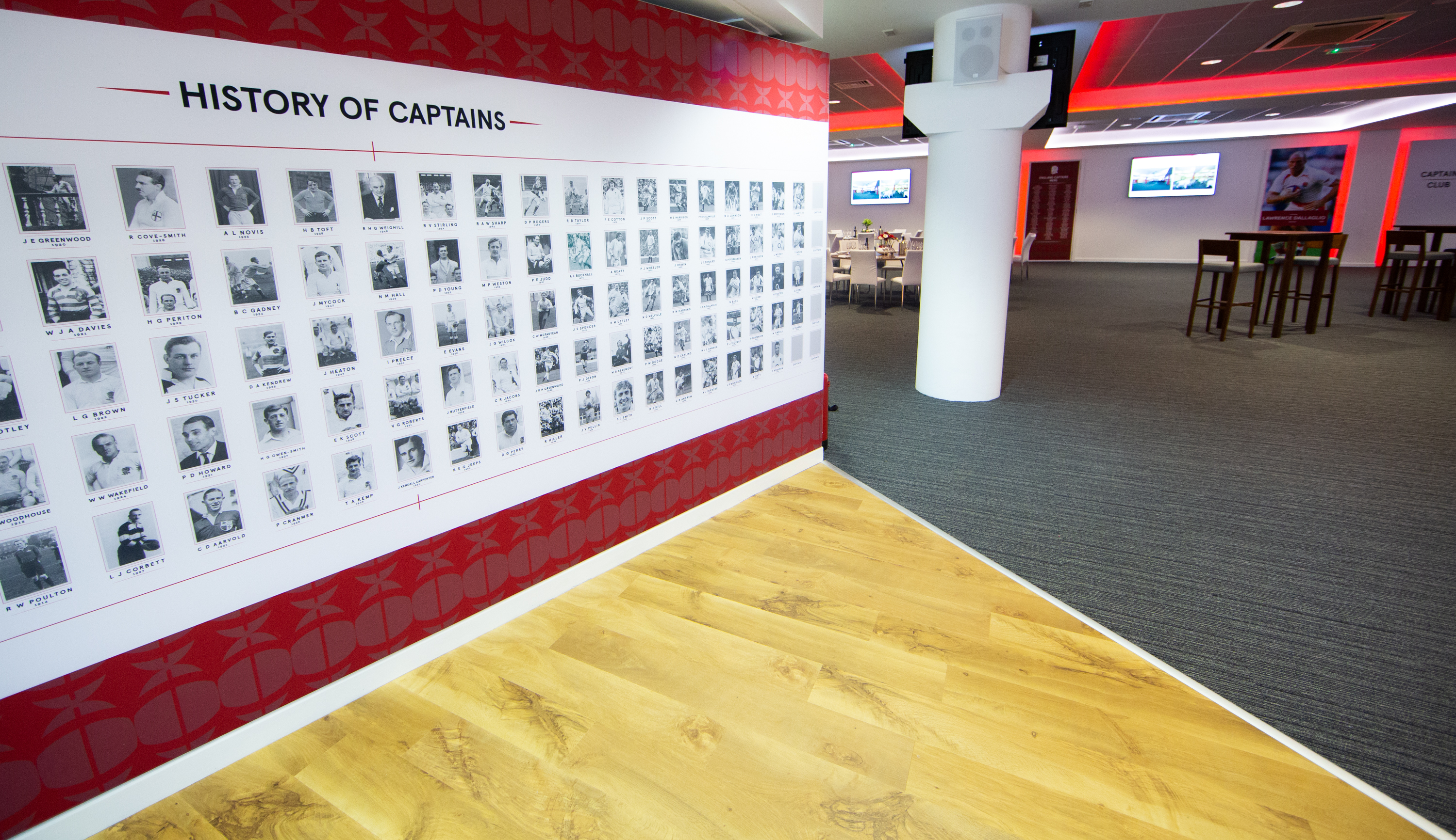 Captains Club event space at Allianz Stadium, featuring "History of Captains" portraits.