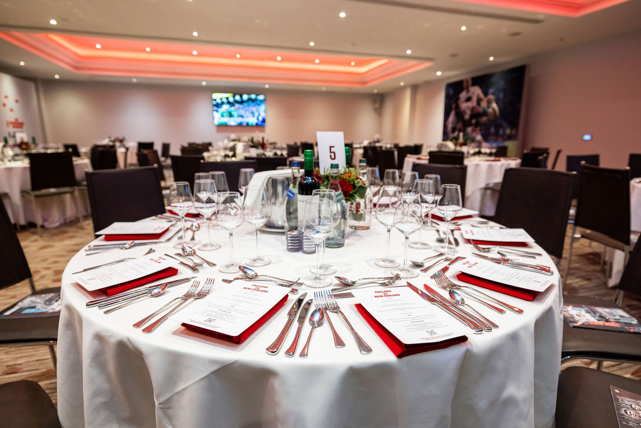 Elegant banquet table setup for corporate event at Allianz Stadium, Twickenham.