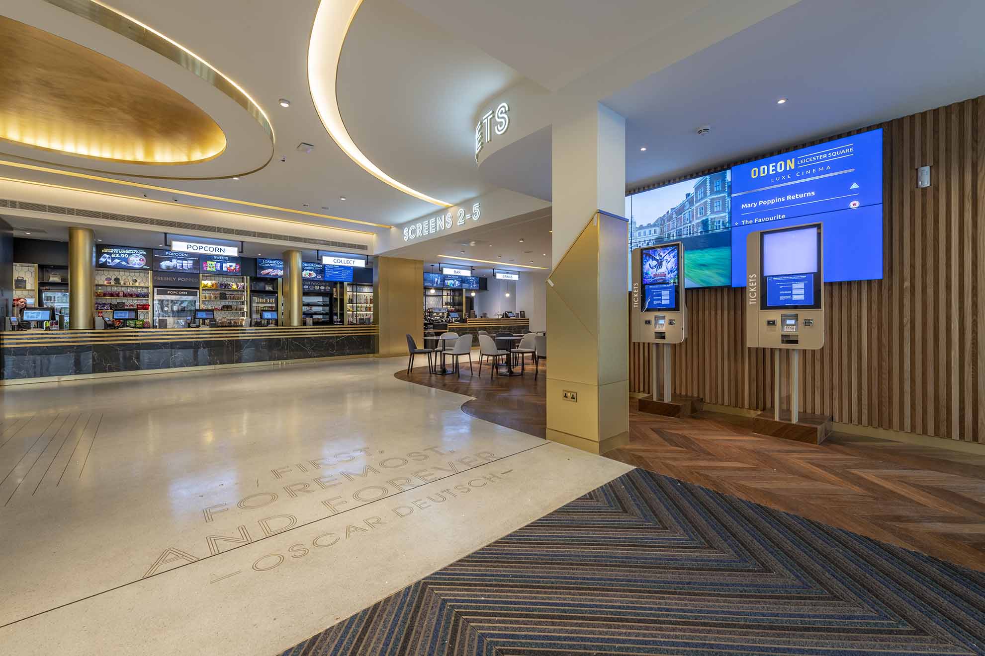 Modern event space at ODEON LUXE Leicester Square with sleek lobby for meetings and networking.