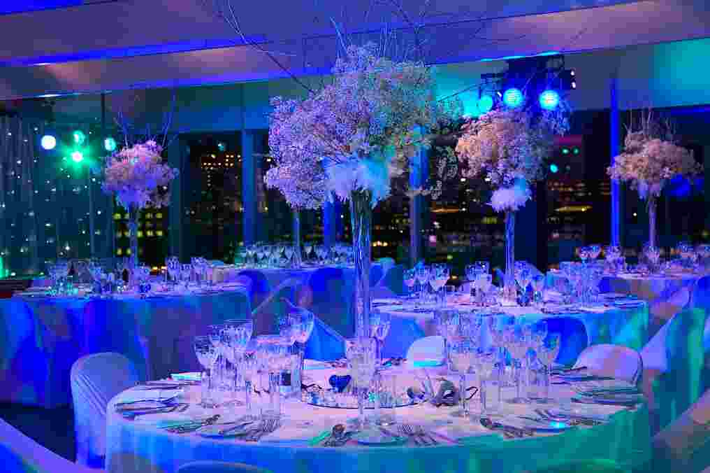 Sophisticated event setup at Kitchen & Bar, Tate Modern with floral centerpieces and skyline.