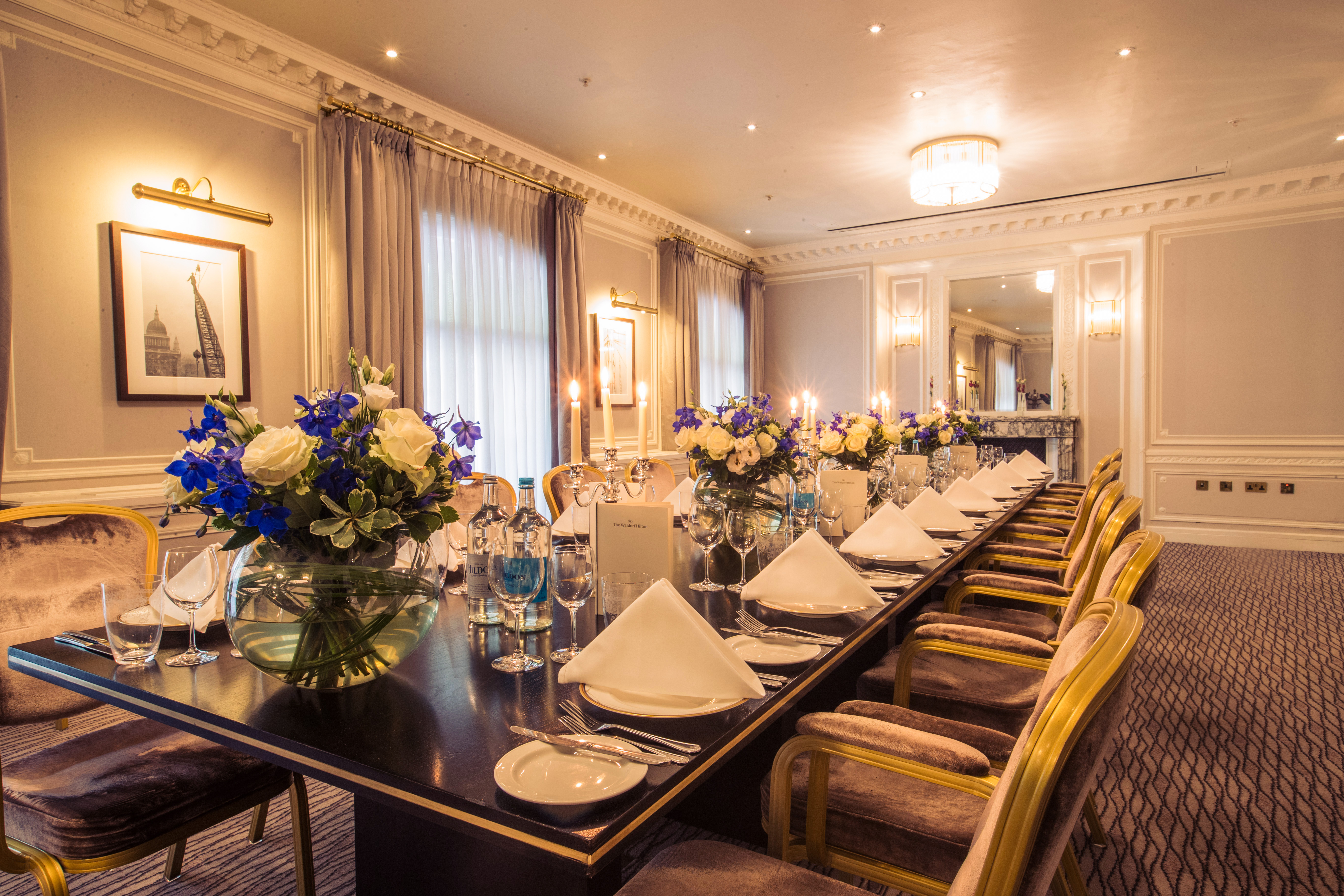 Elegant dining room in Aldwych Suite, Waldorf Hilton for corporate dinners and events.