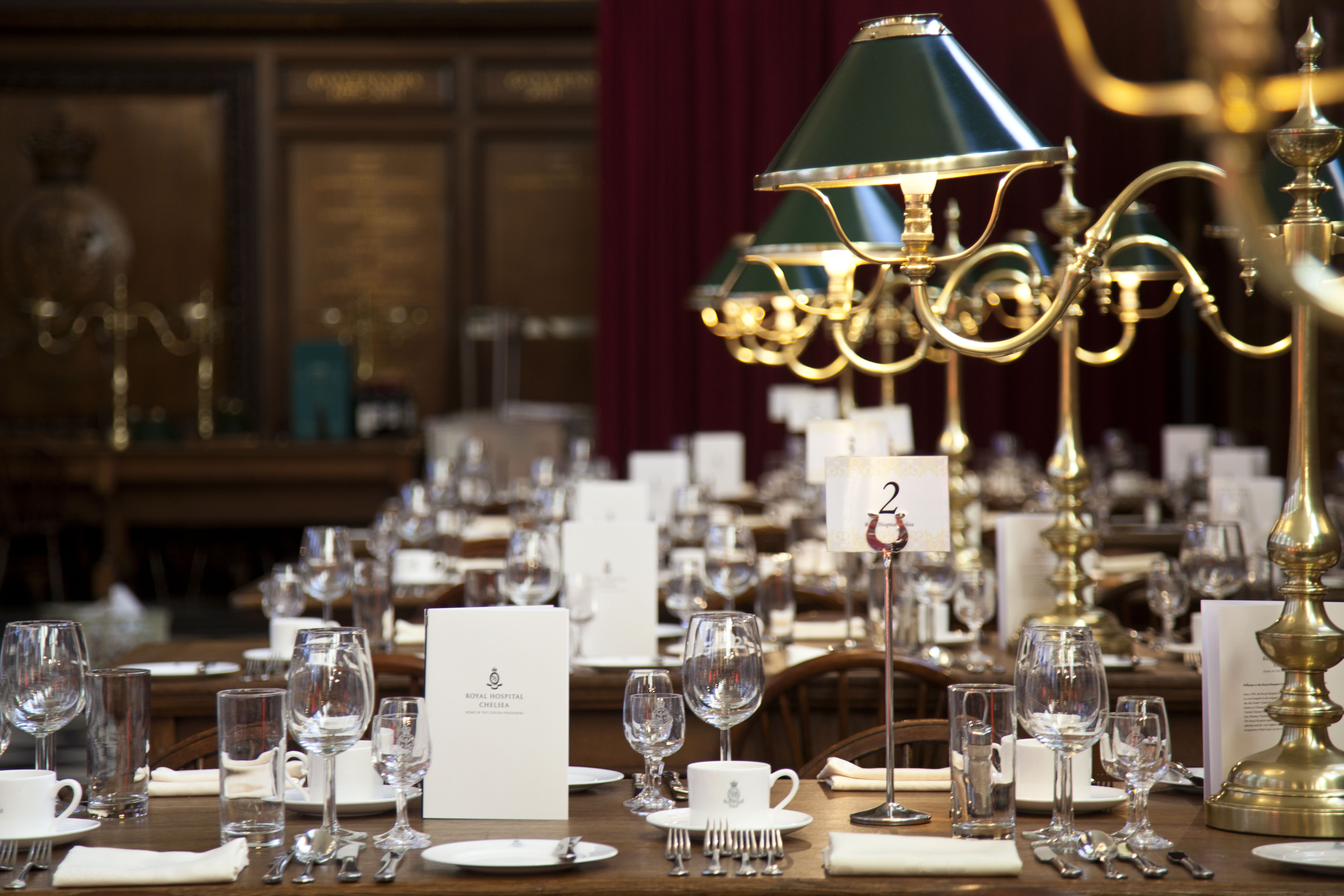 Great Hall at Royal Hospital Chelsea, elegantly set for formal gala dining event.