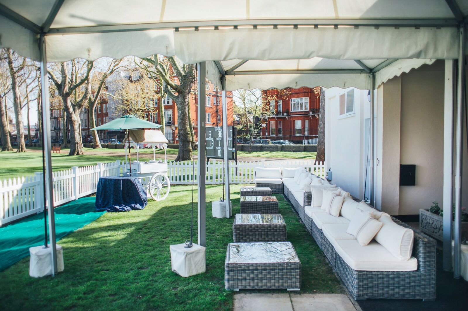 Outdoor event space at Burton Court, Royal Hospital Chelsea, with stylish lounge seating.