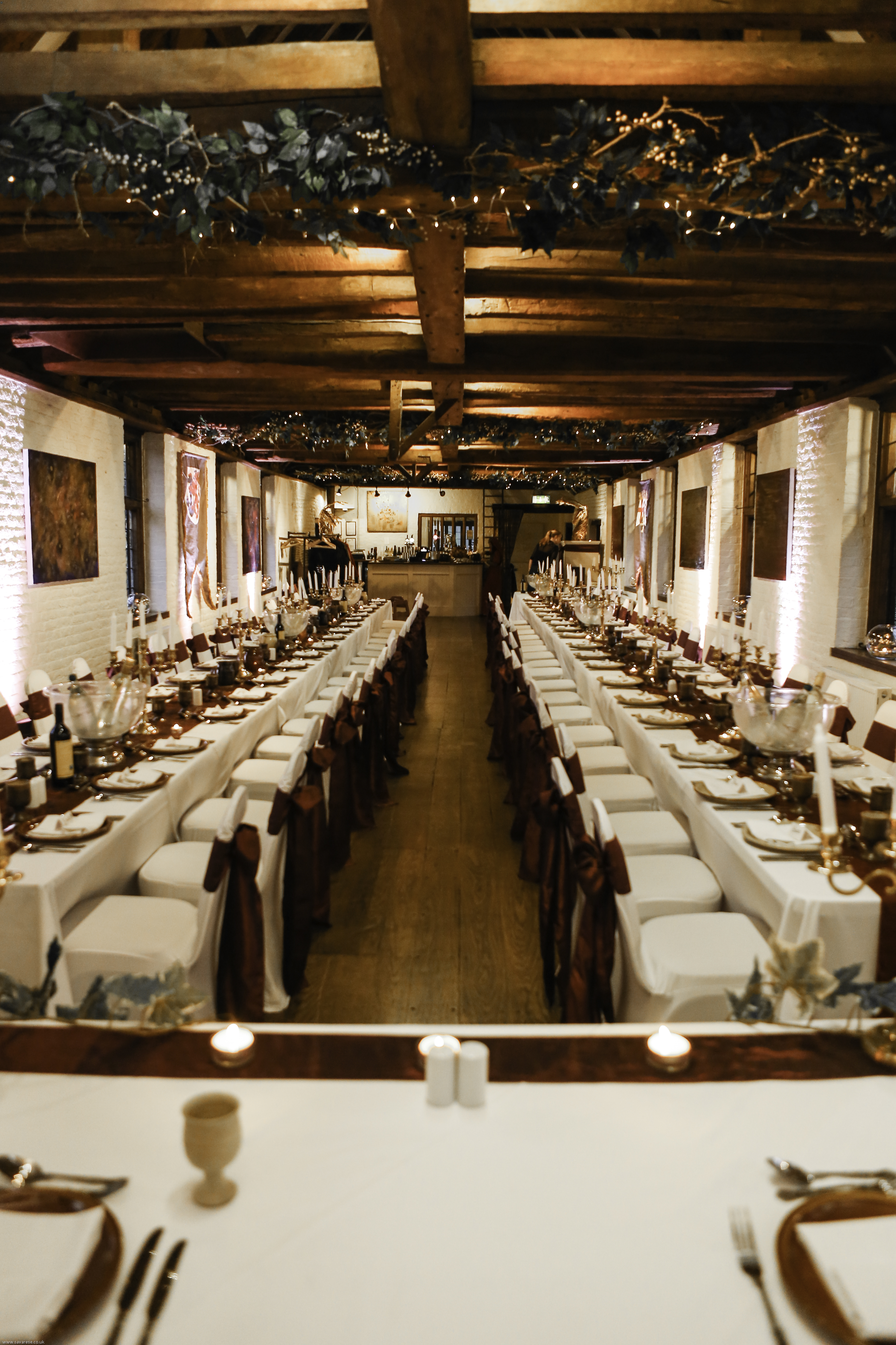 Elegant banquet hall at Tudor Barn Eltham, perfect for weddings and corporate events.