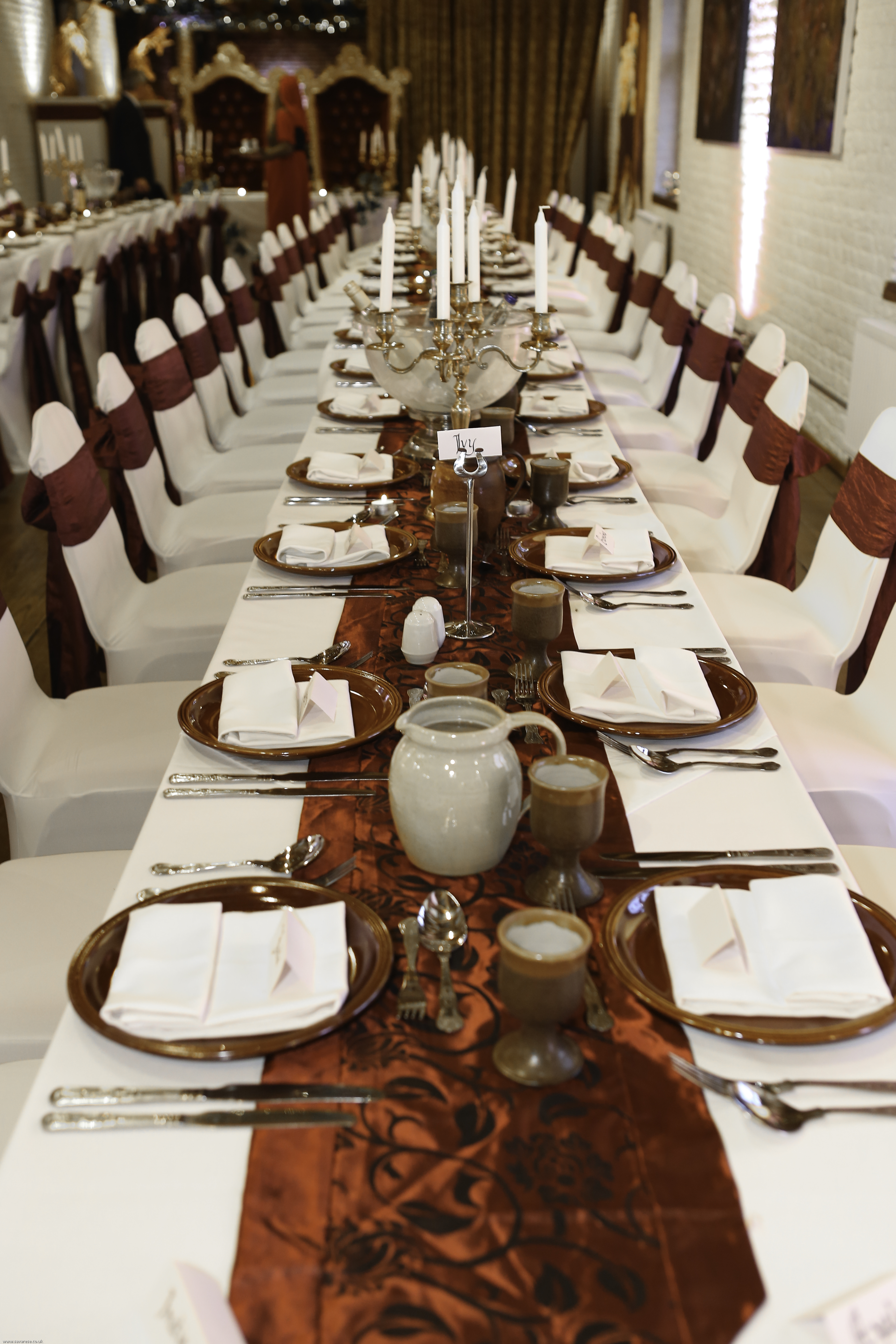 Elegant banquet table setup at Tudor Barn Eltham for formal events and celebrations.
