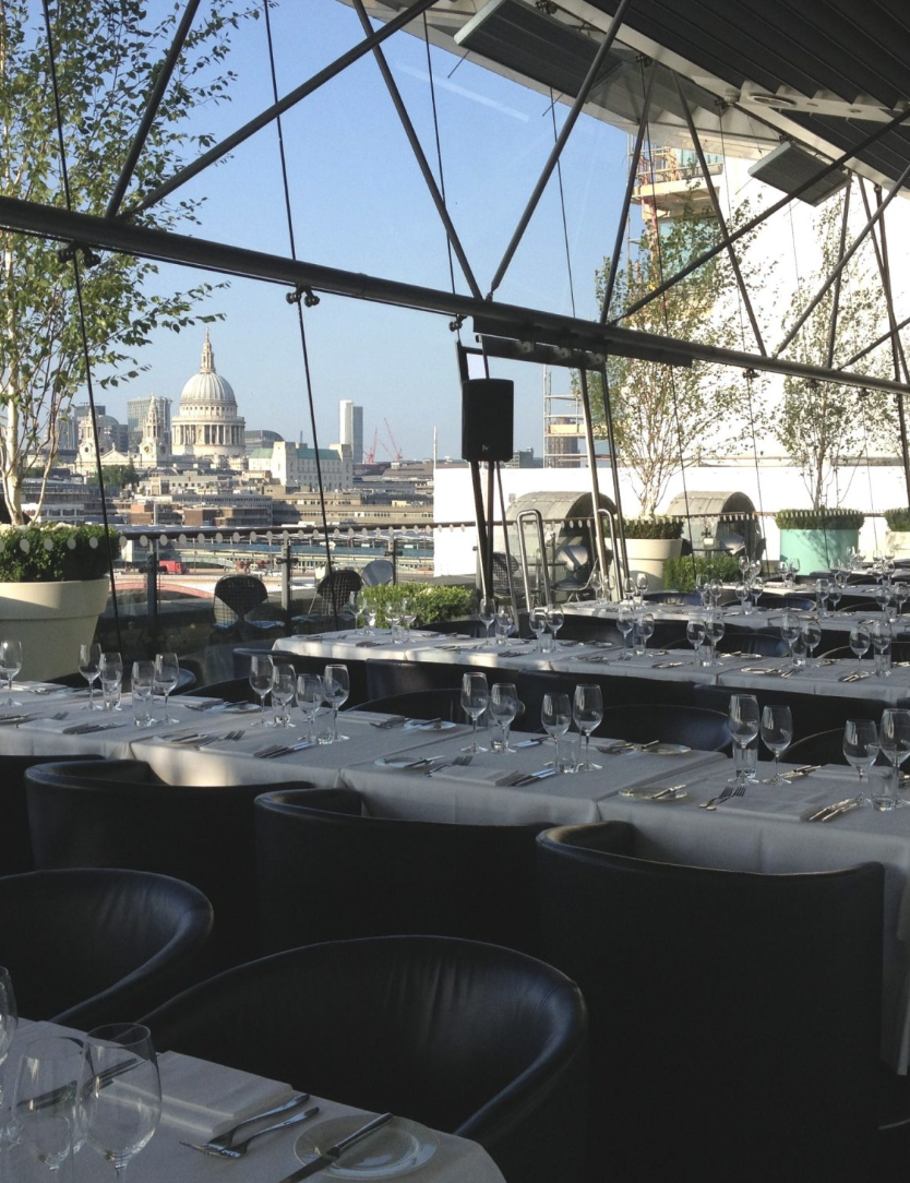 Rooftop bar, city view, elegant dining, al fresco reception