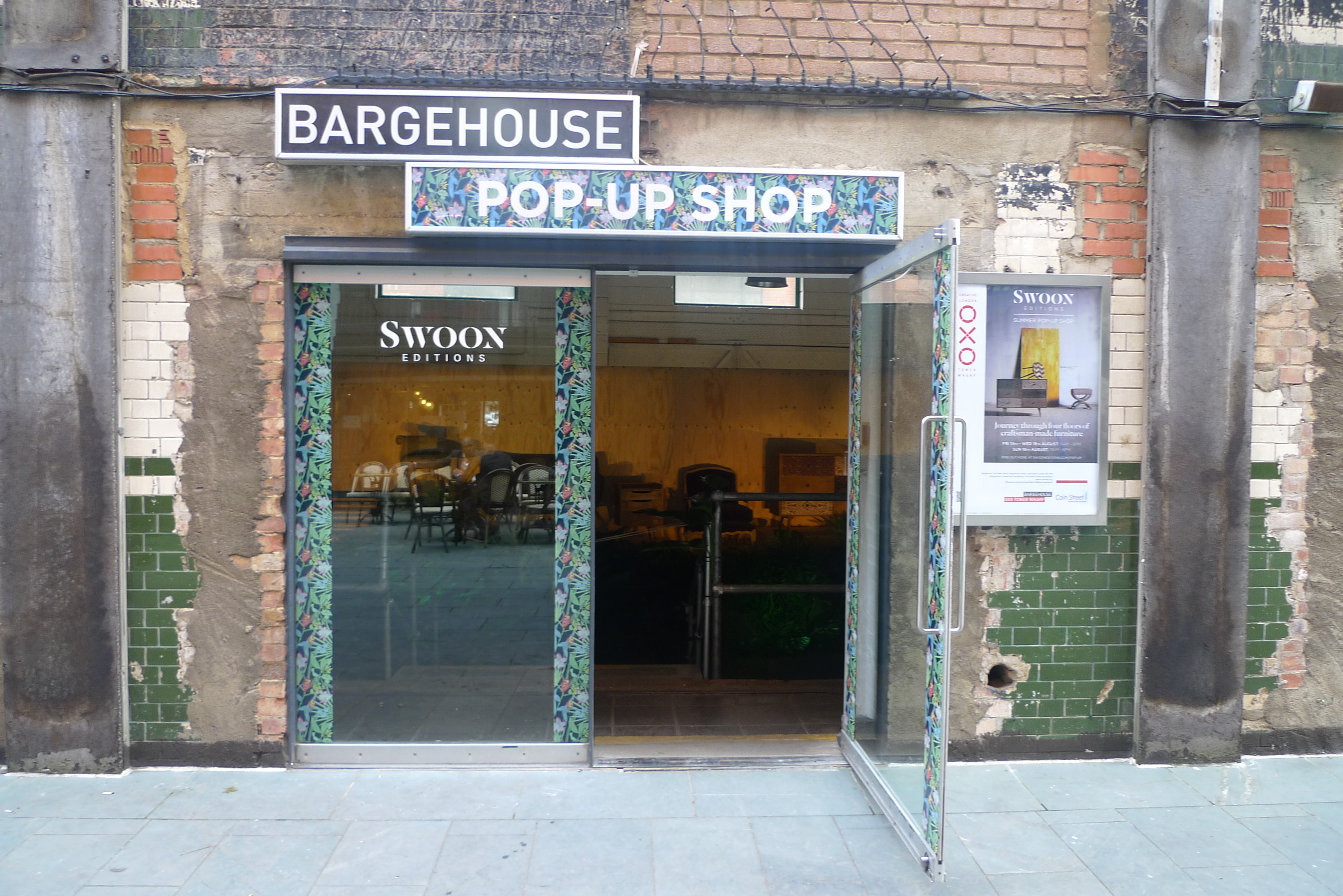 Vibrant pop-up shop entrance at OXO Tower, ideal for events and workshops.