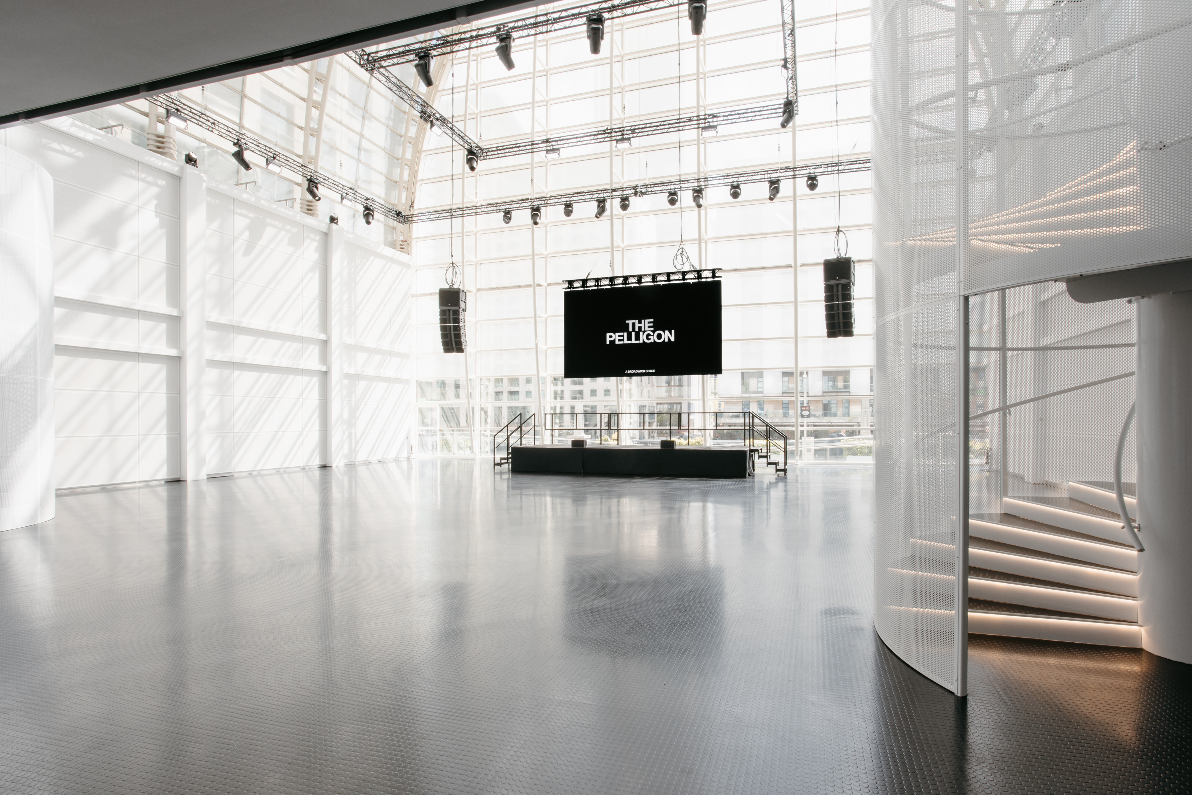 Modern event venue Main Hall in The Pelligon with high ceilings, ideal for conferences.