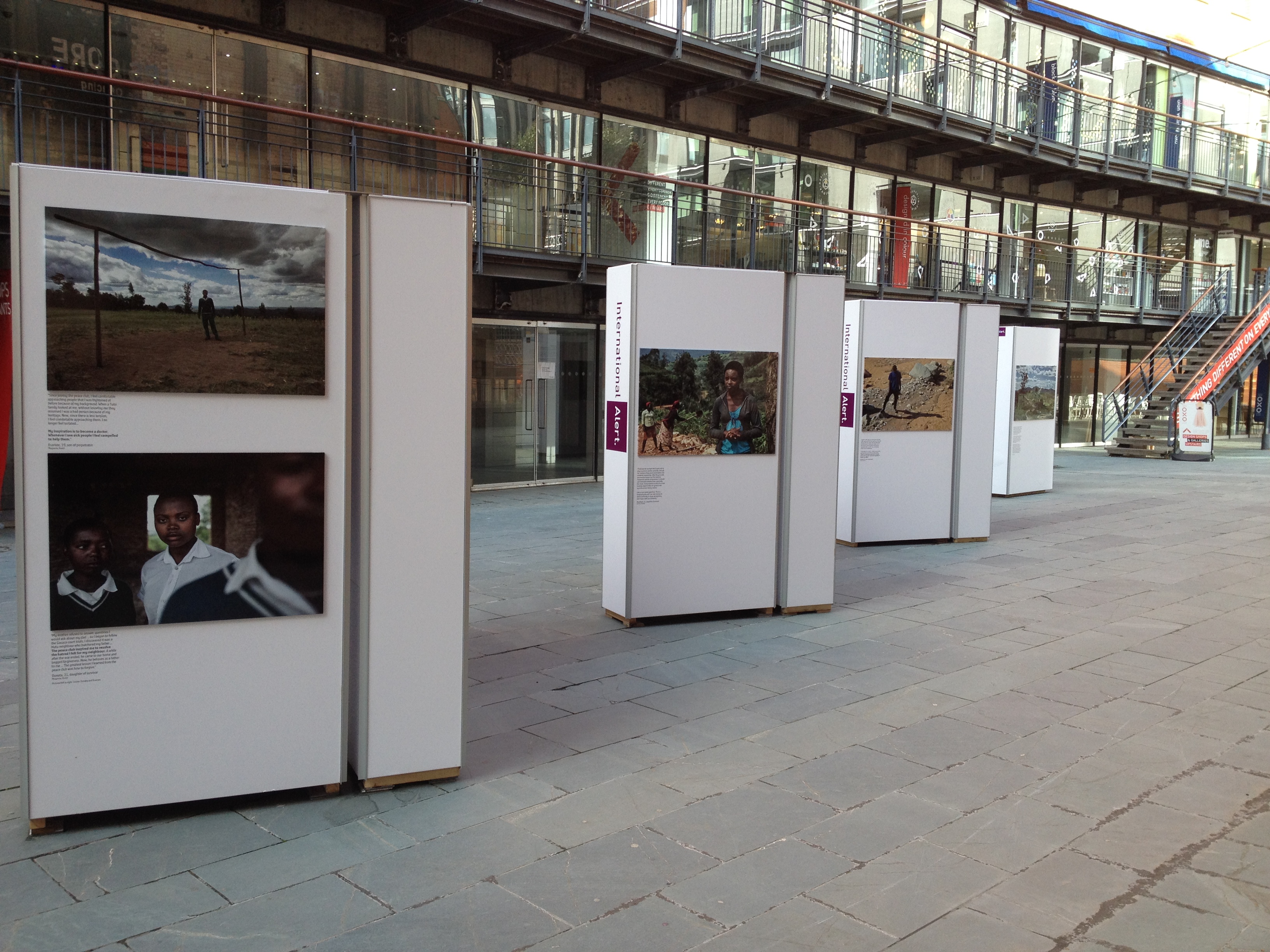 Outdoor exhibition at OXO Tower with display panels for networking events.