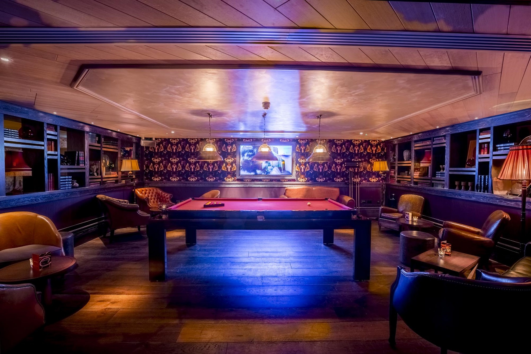 Stylish lounge with pool table at Playroom, 100 Wardour Street for networking events.