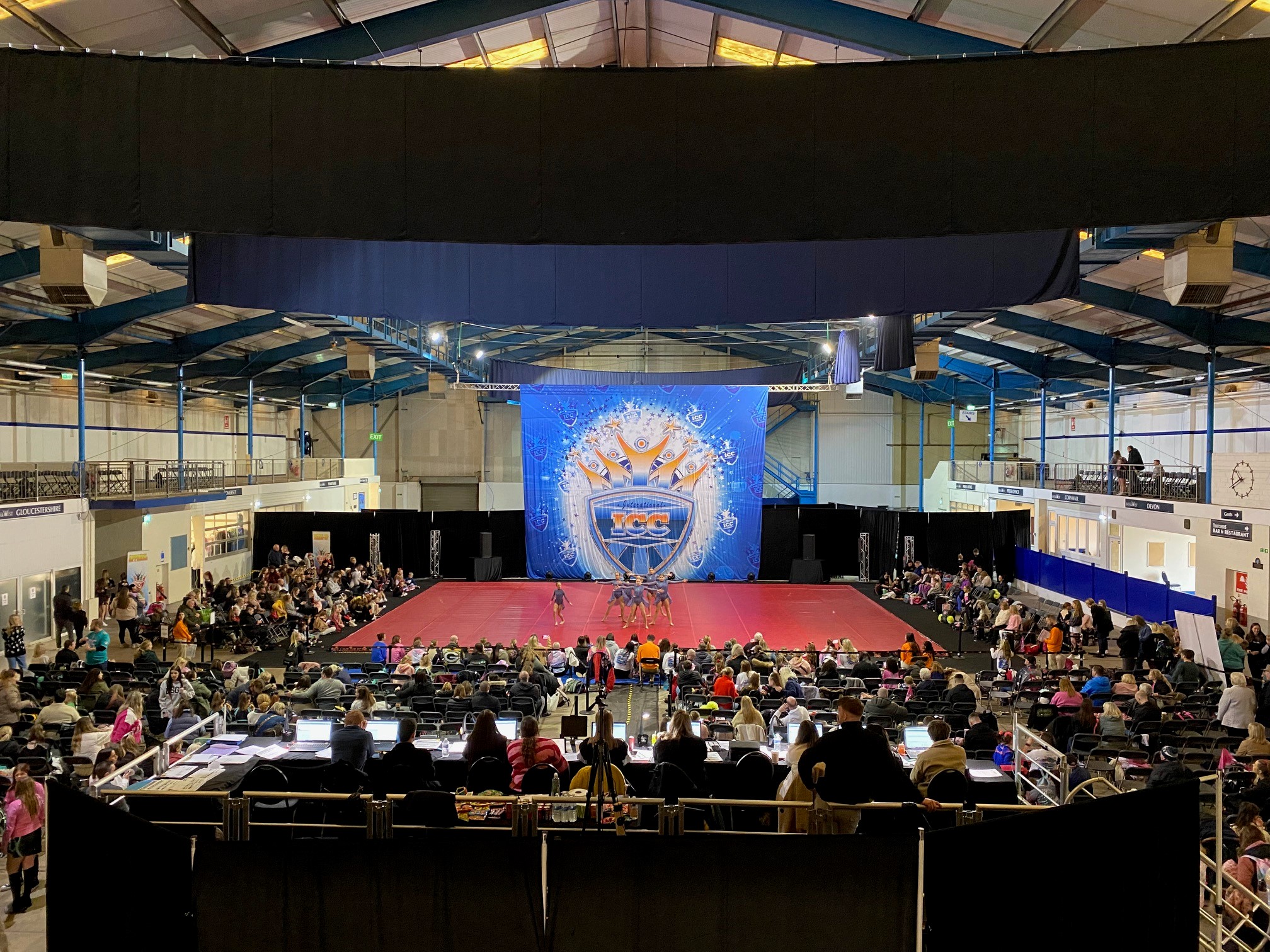 Showering Pavilion stage setup for performance at Bath & West Showground event.