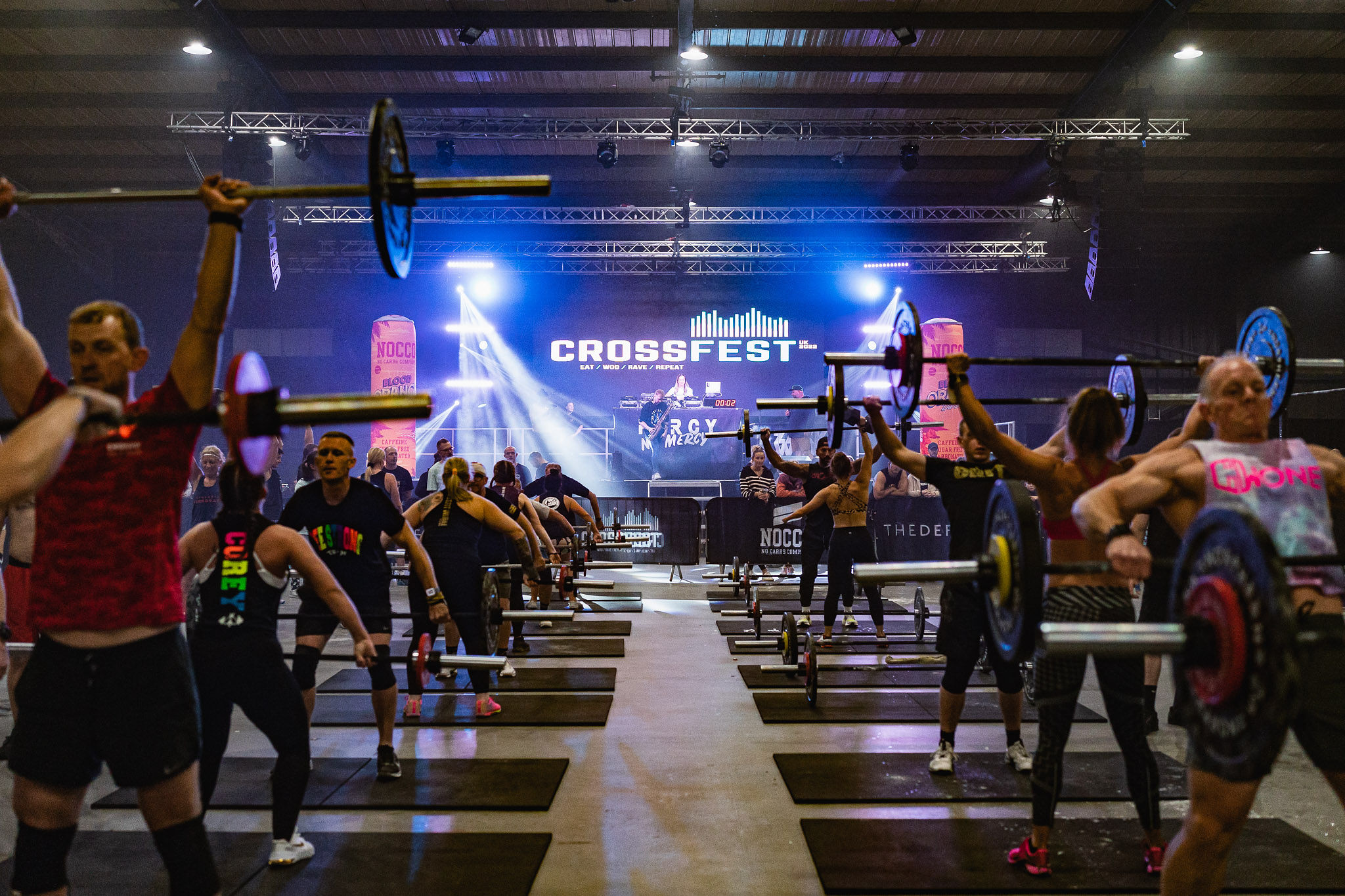 CrossFit competition at Showering Pavilion, vibrant atmosphere, fitness event.