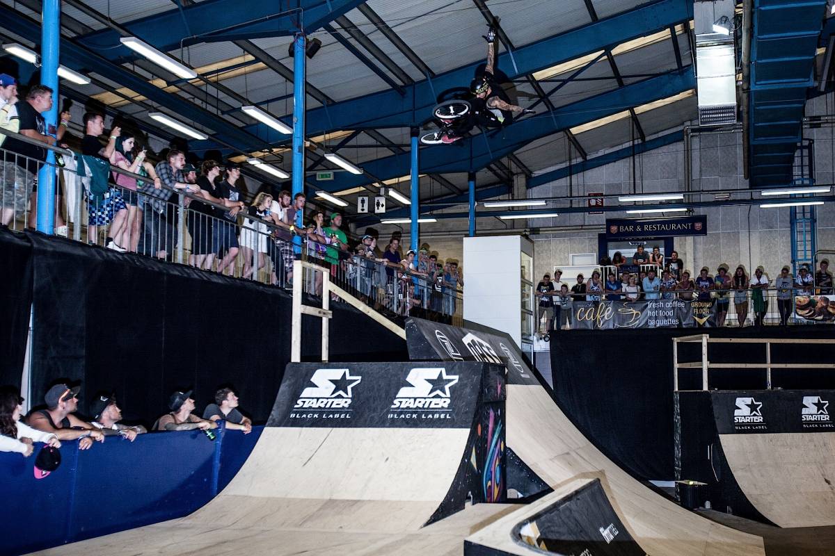 BMX riders performing tricks at Showering Pavilion, Bath & West Showground event.
