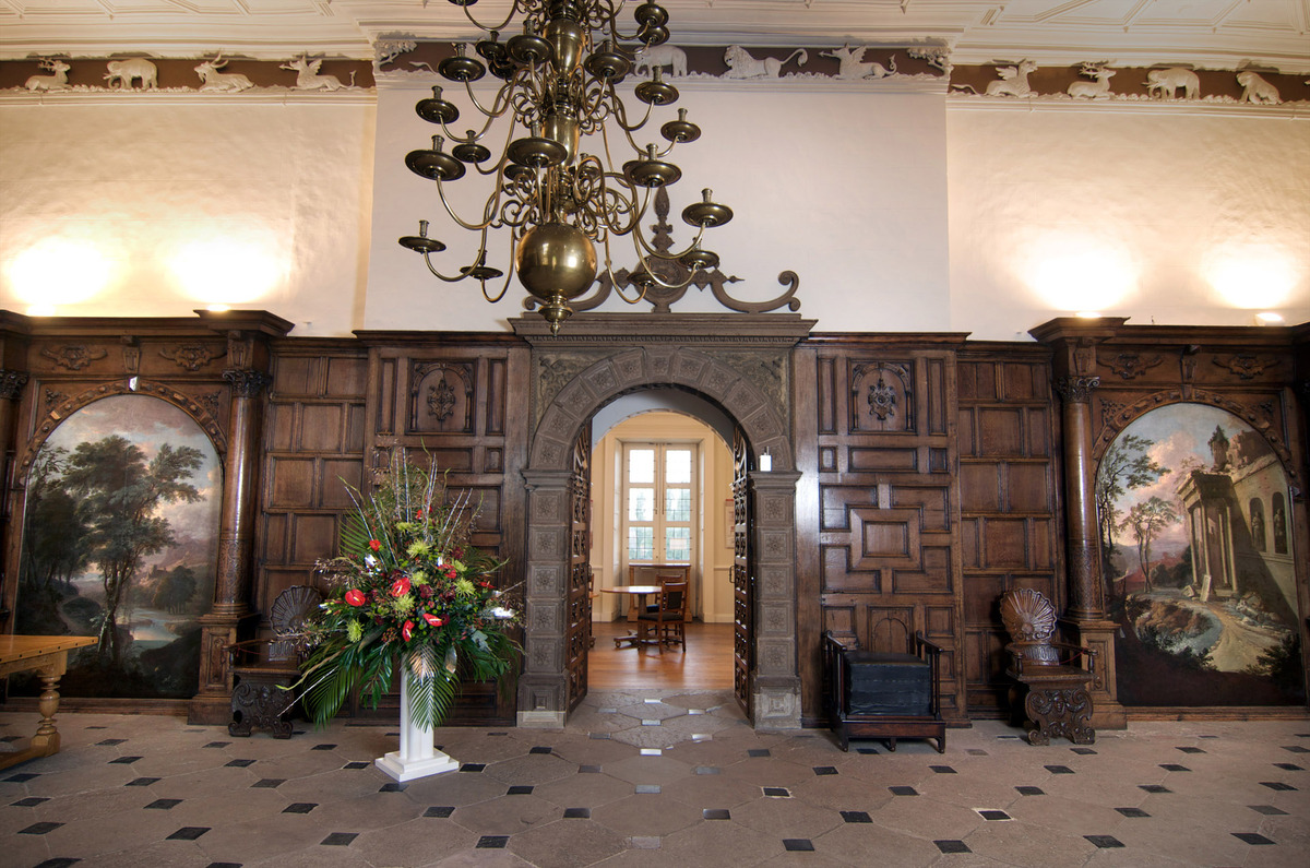 Great Hall in Aston Hall with wooden paneling, ideal for upscale events and meetings.