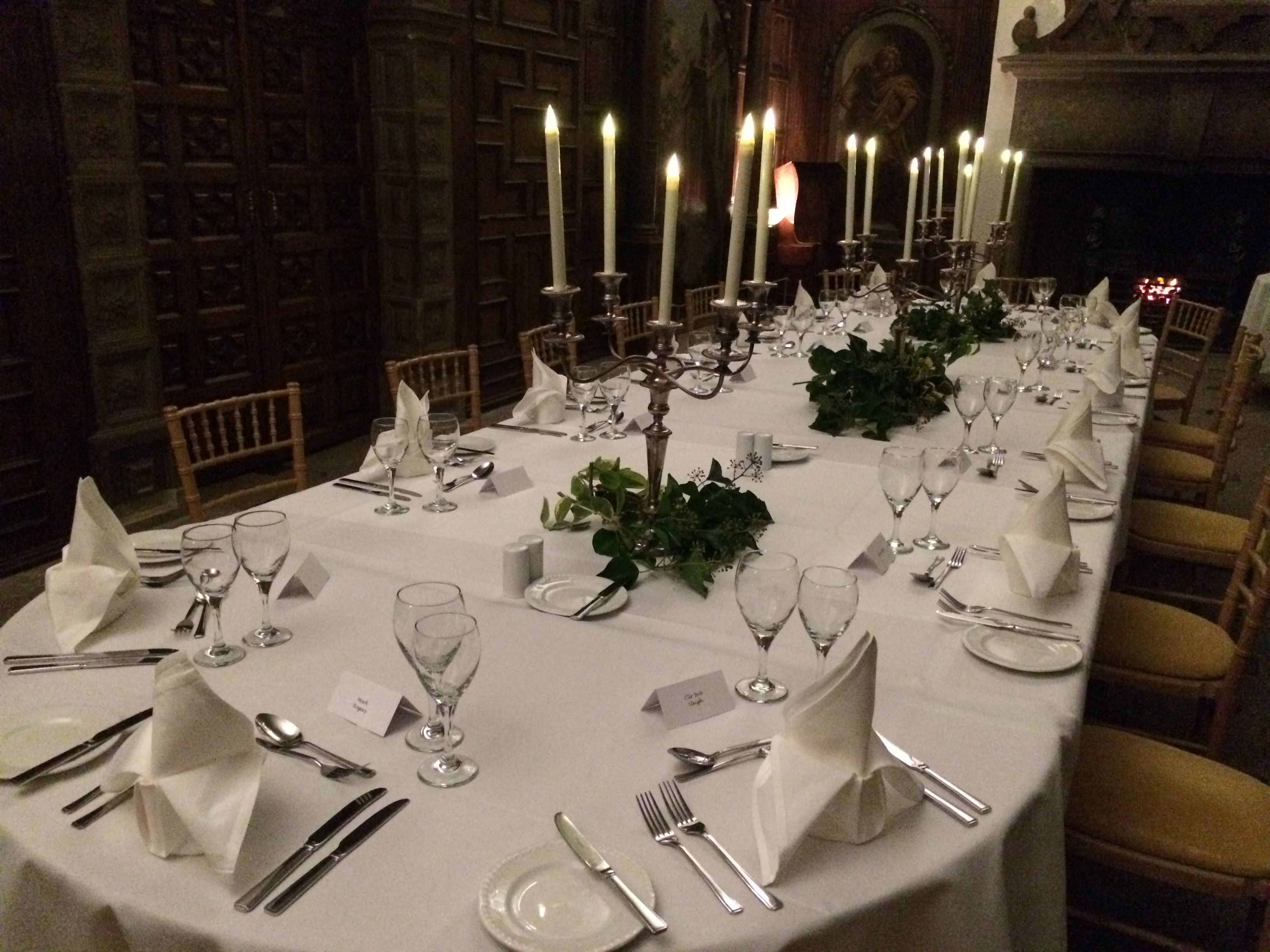 Elegant dining table in Aston Hall's Great Hall for formal events and gala dinners.