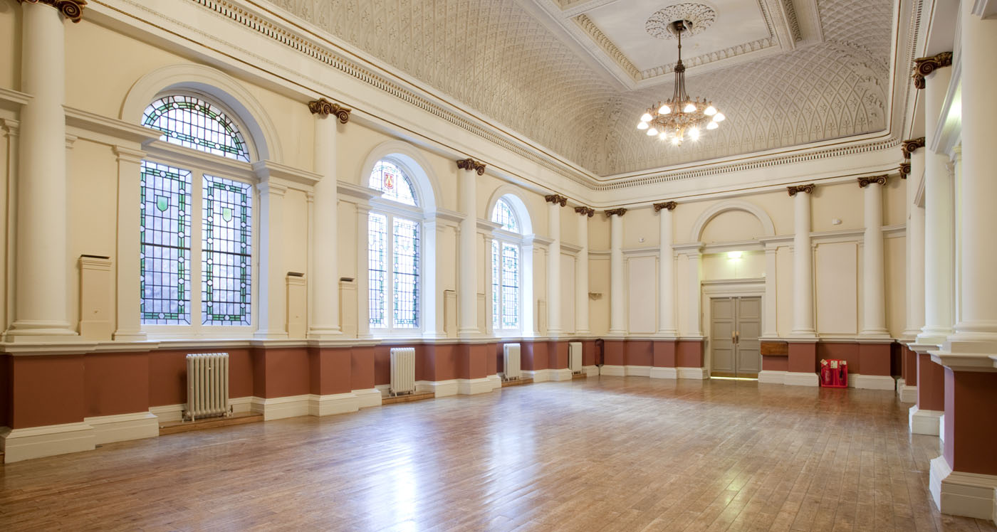 Council Chamber at Shoreditch Town Hall, spacious venue with high ceilings for events.