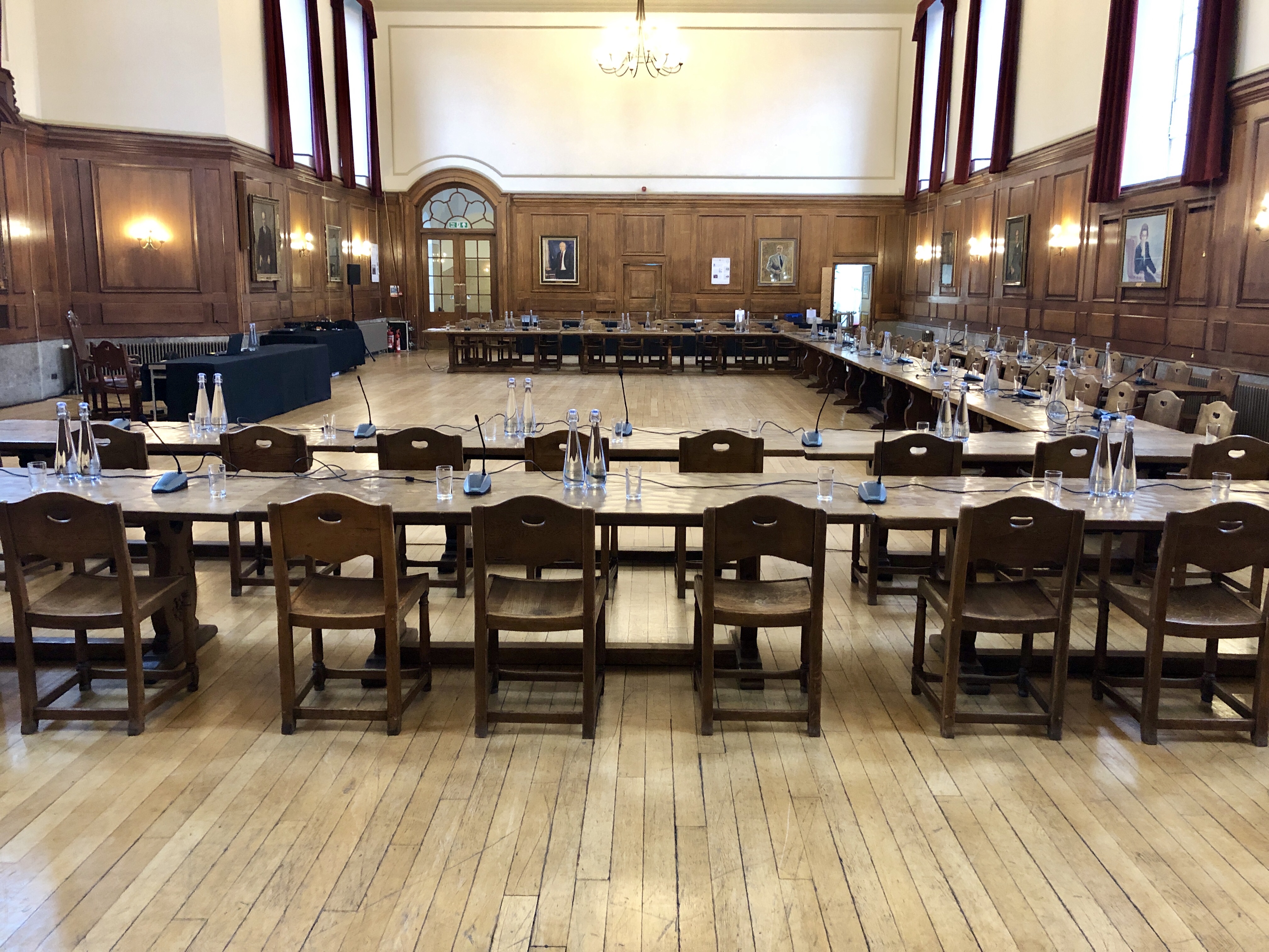 Great Hall in Goodenough House, U-shaped tables for formal conferences and workshops.
