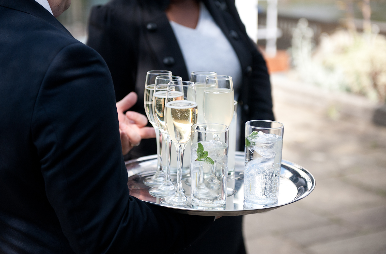 Elegant beverage tray at outdoor event on Ravens Ait Island, perfect for networking and celebration.