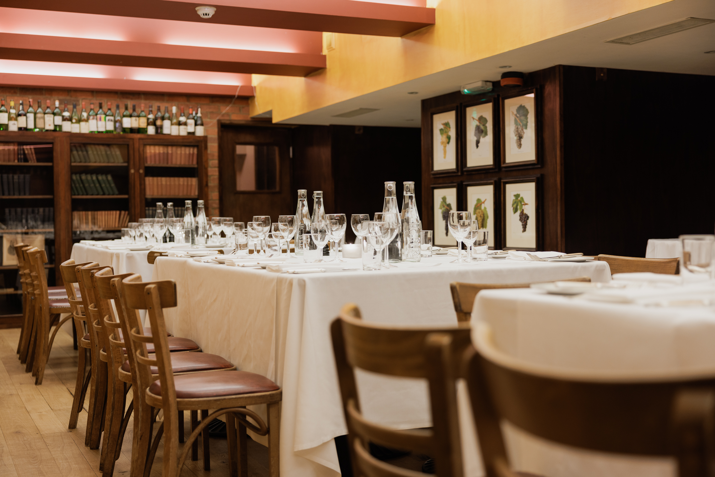 Elegant dining setup for intimate corporate dinner in Bleeding Heart's No. 1 Dining Room.