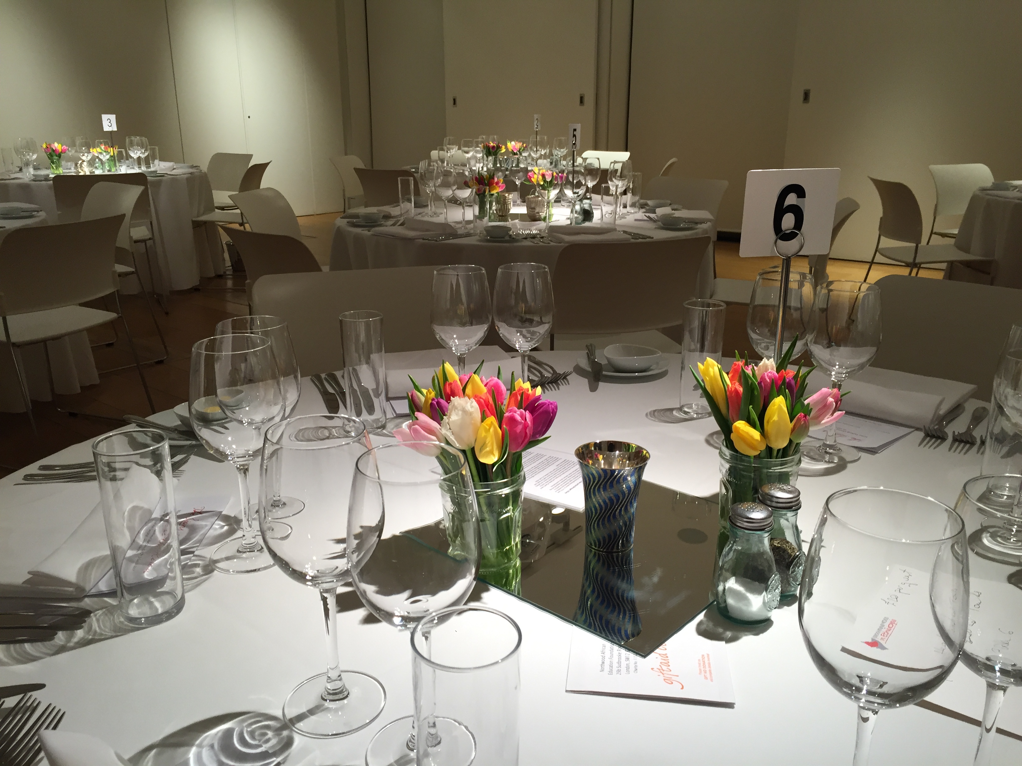 Exhibition Room at The Goldsmiths' Centre set for a formal dinner event with elegant decor.