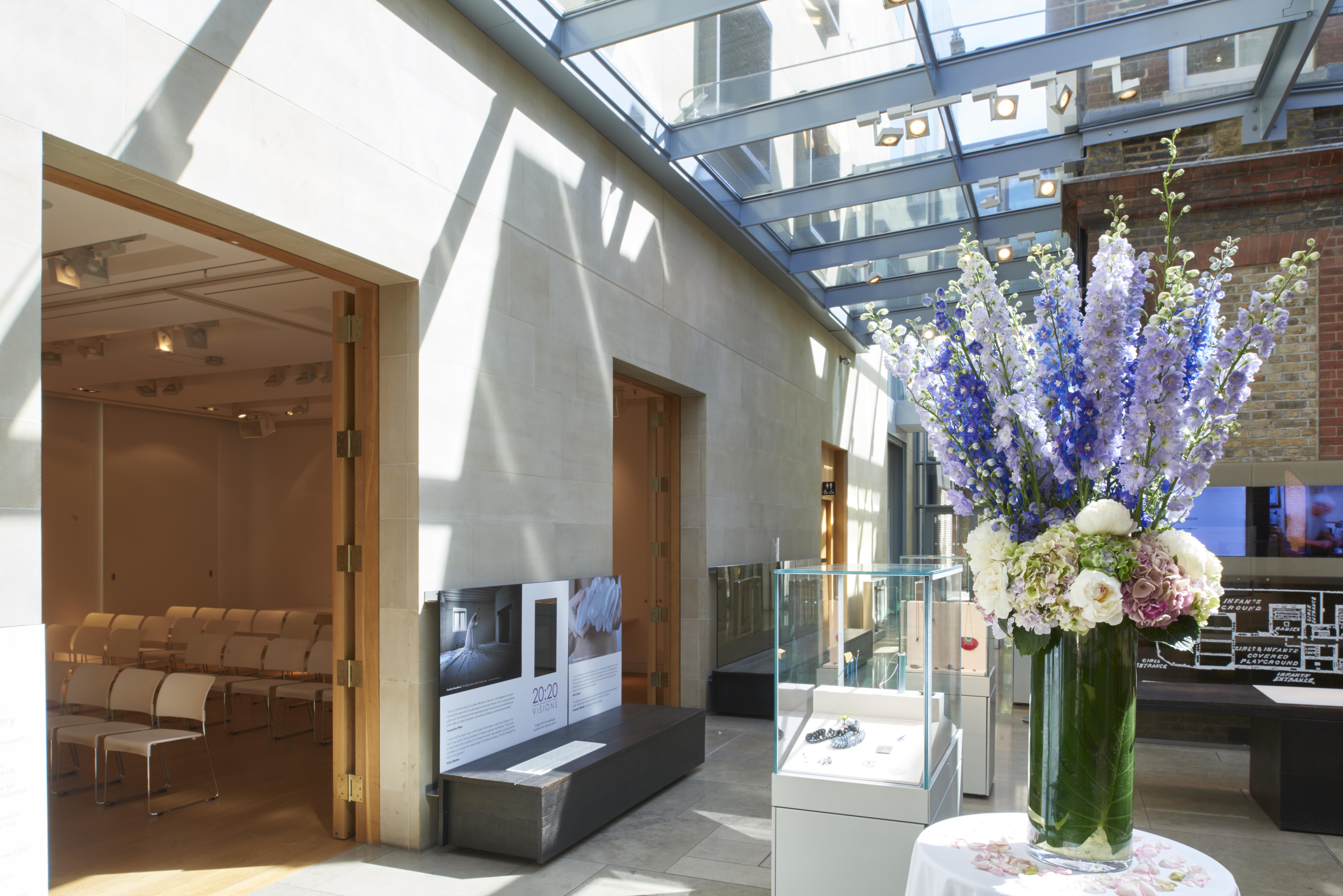 Modern event space in The Goldsmiths' Centre with glass ceiling, ideal for corporate workshops.