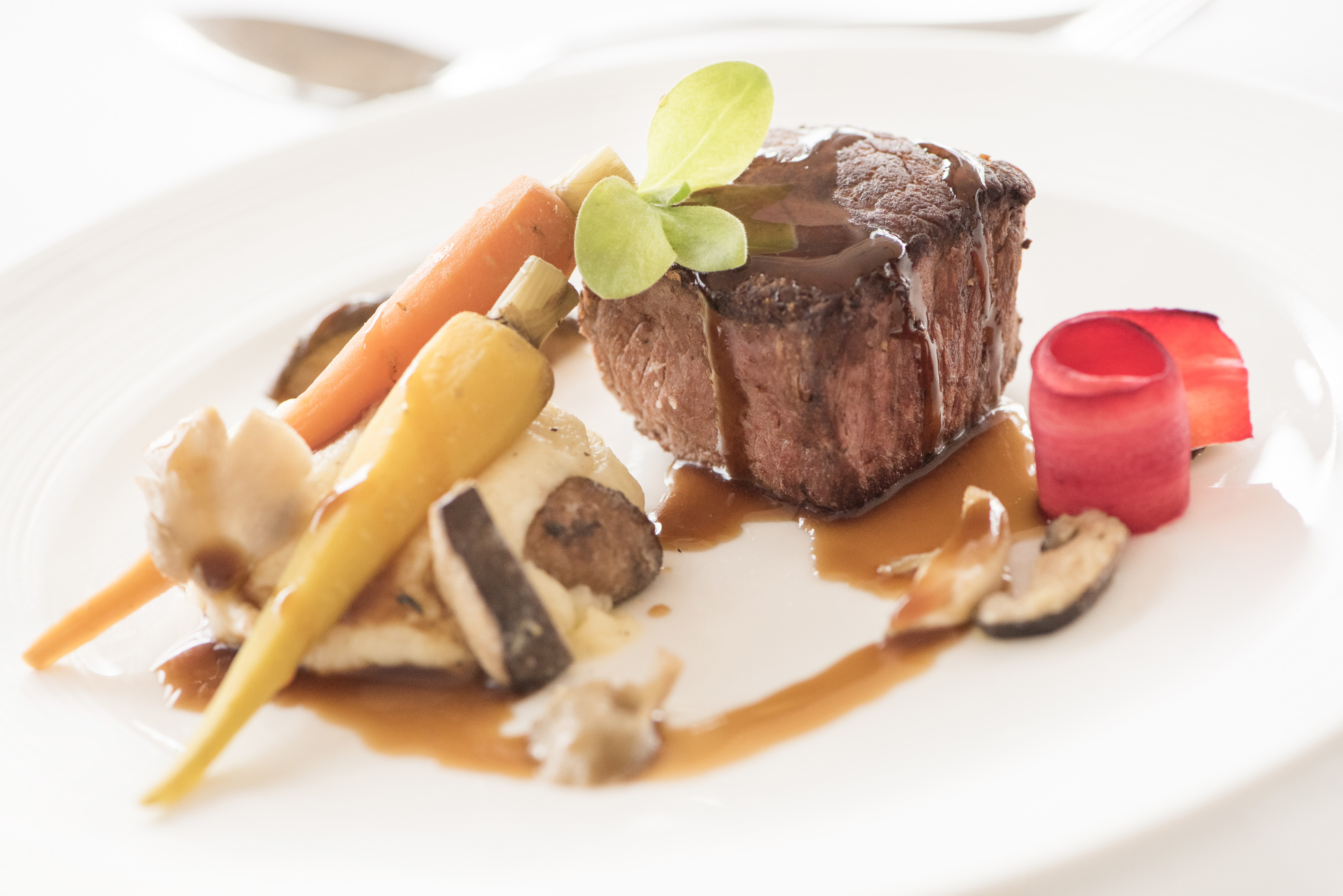 Gourmet filet mignon dish with roasted carrots for upscale events and gala dinners.