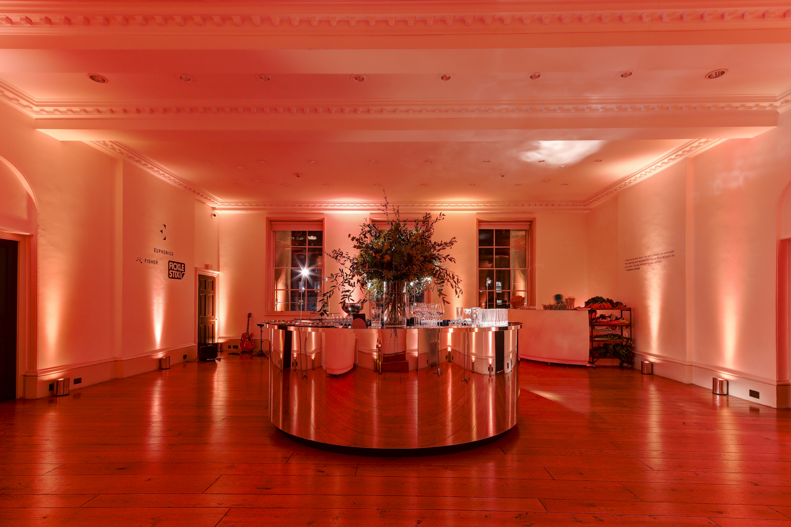 Sophisticated event space at Somerset House with modern bar, ideal for networking and gatherings.