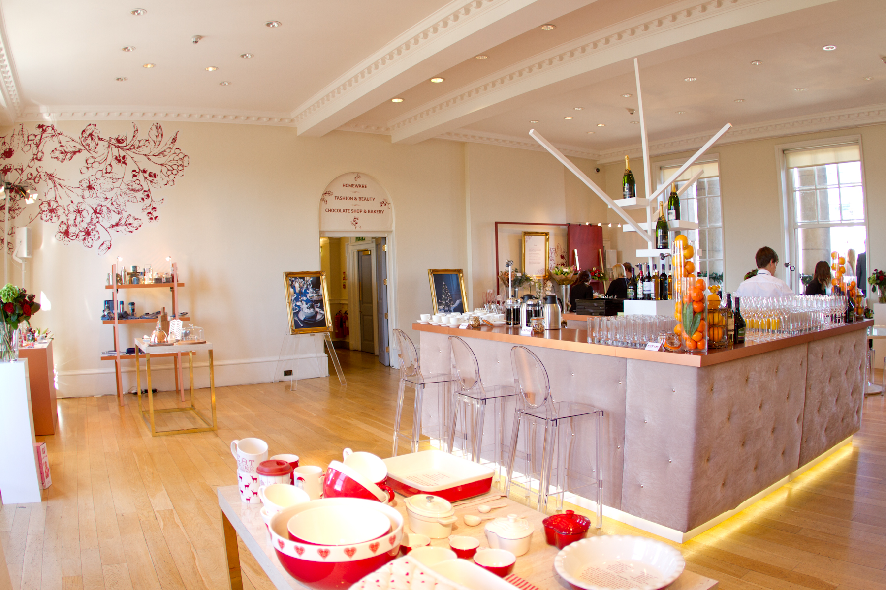 Stylish event space at Somerset House with modern bar, ideal for networking and gatherings.