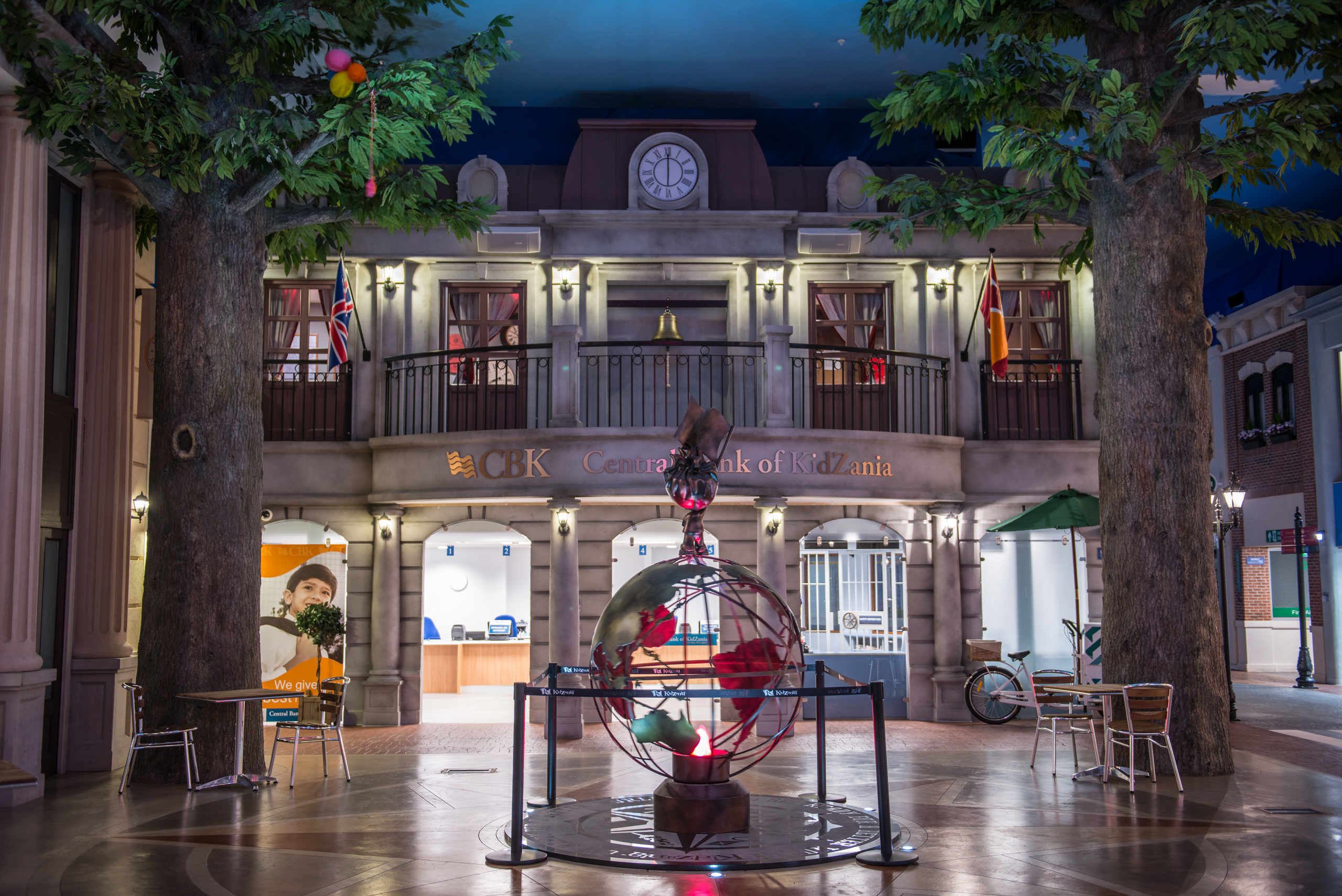 KidZania London Main Square: interactive event space with globe centerpiece for networking events.