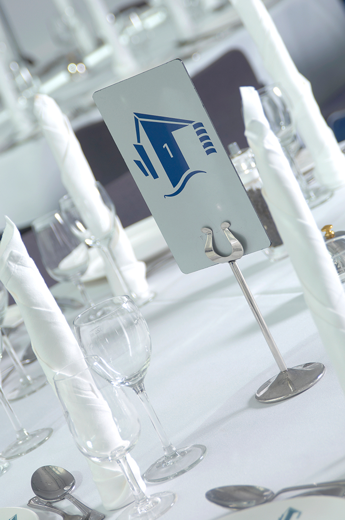 Barbirolli Room dining setup with elegant glassware for corporate events and formal gatherings.