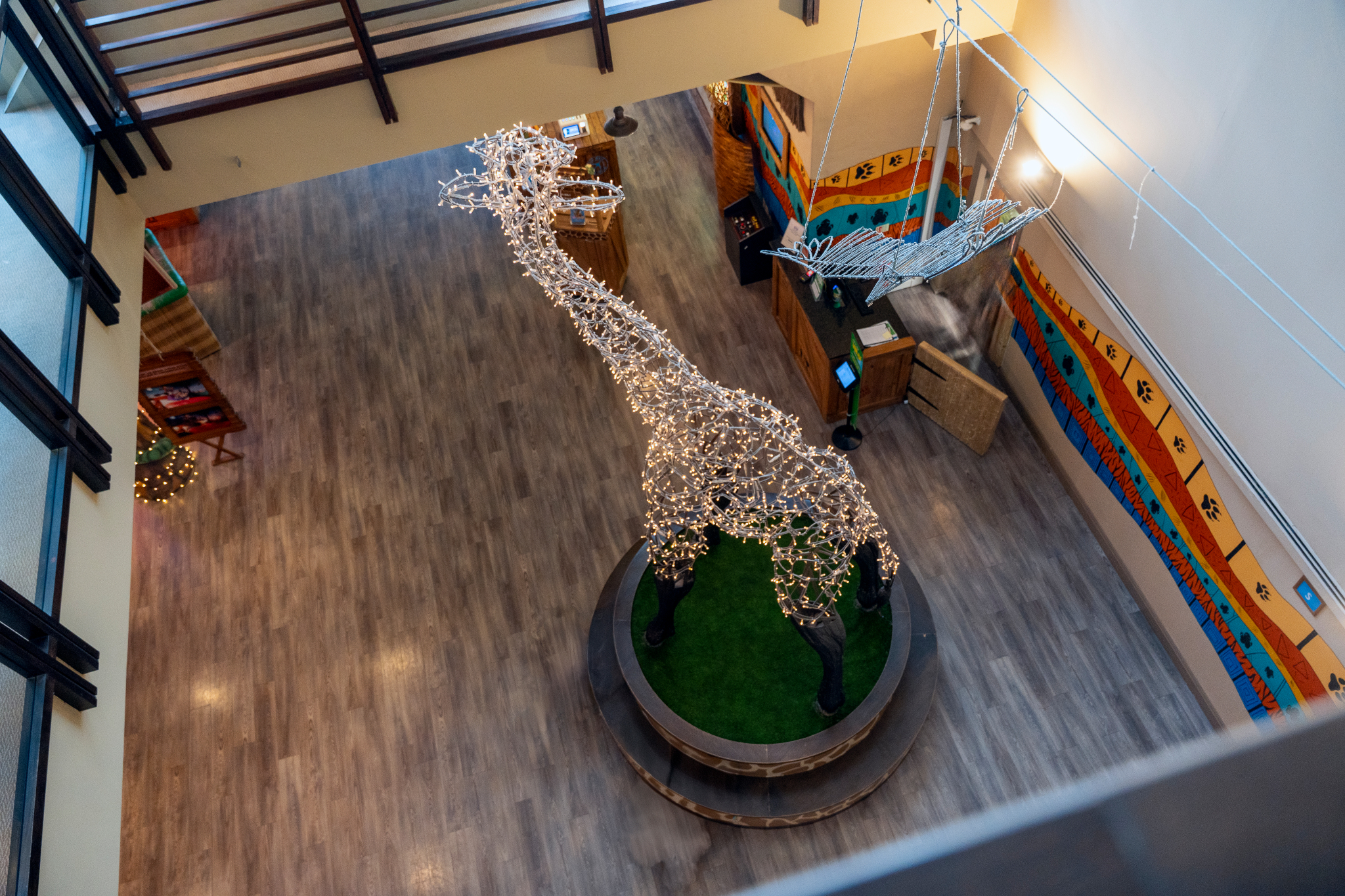 Serengeti Suite at Chessington Resort with a glowing giraffe sculpture for events.