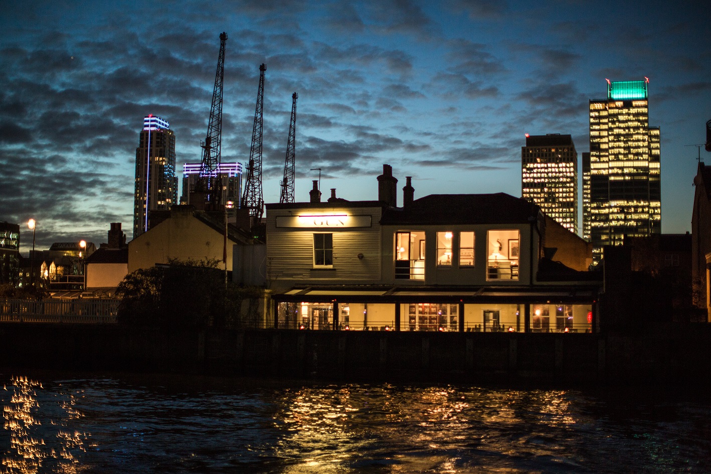 Riverside Terrace venue at twilight, perfect for evening events and gatherings.