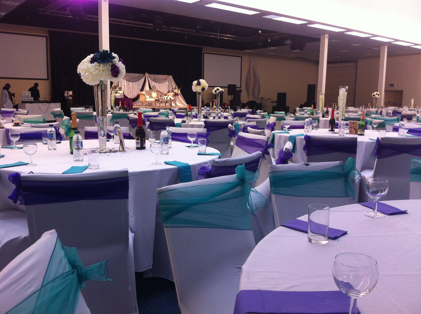 Elegant Thames Hall event space with purple accents, ideal for weddings and celebrations.