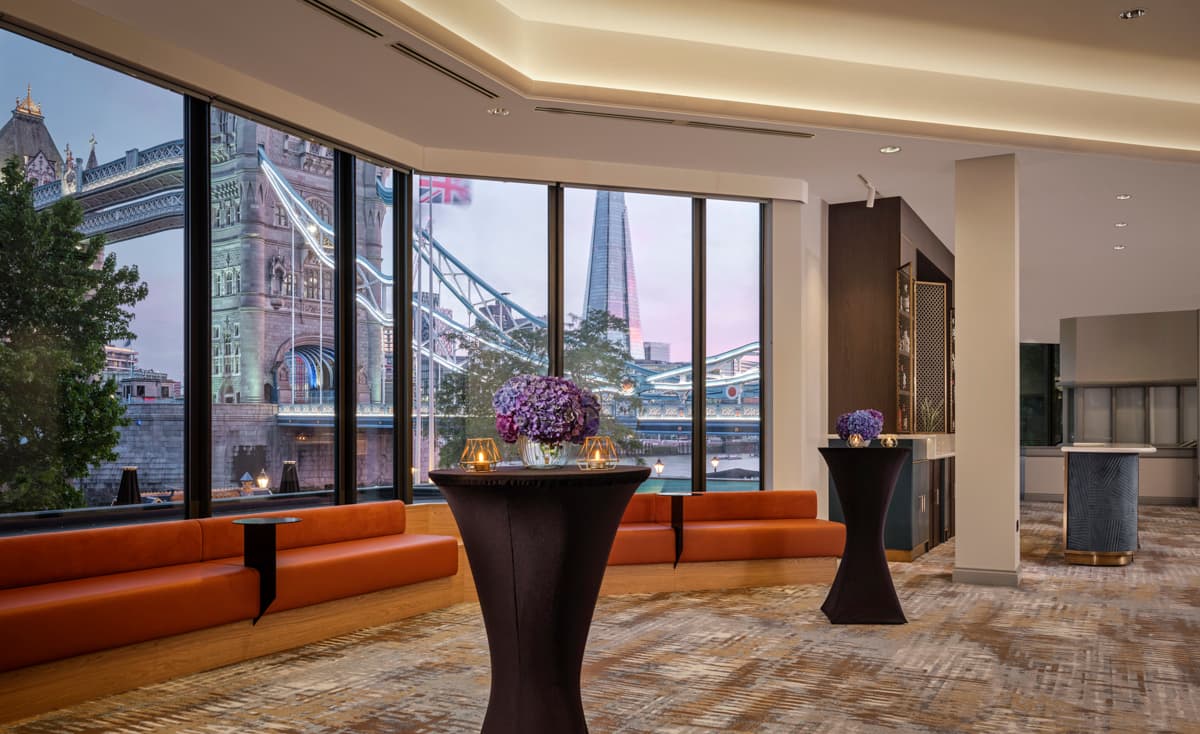 Tower Suite at The Tower Hotel with Tower Bridge views, ideal for cocktail receptions and events.