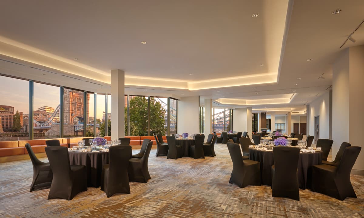 Tower Suite event space with panoramic river views, perfect for corporate galas and social events.