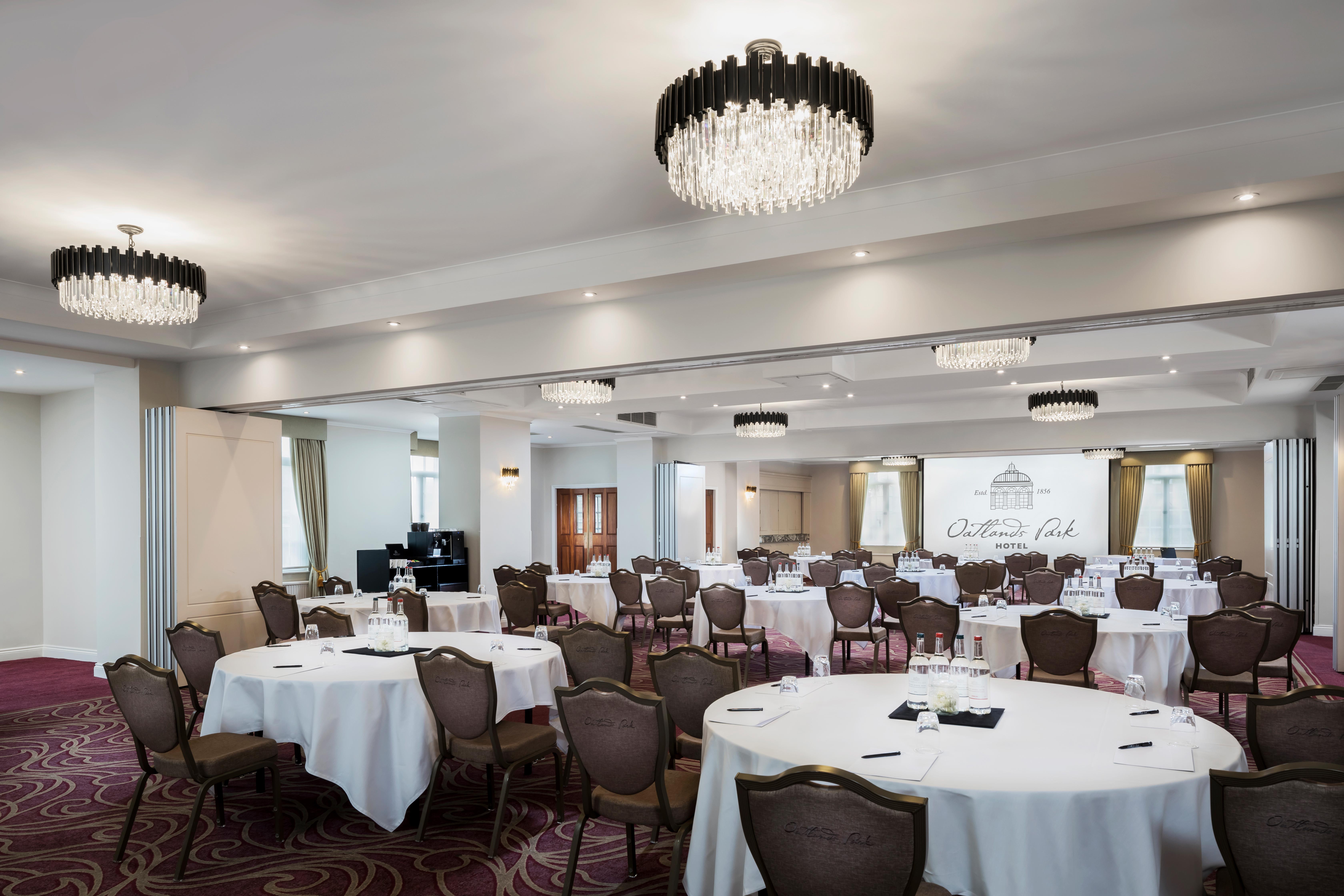 York Suite at Oatlands Park Hotel, elegant round tables for formal events and conferences.
