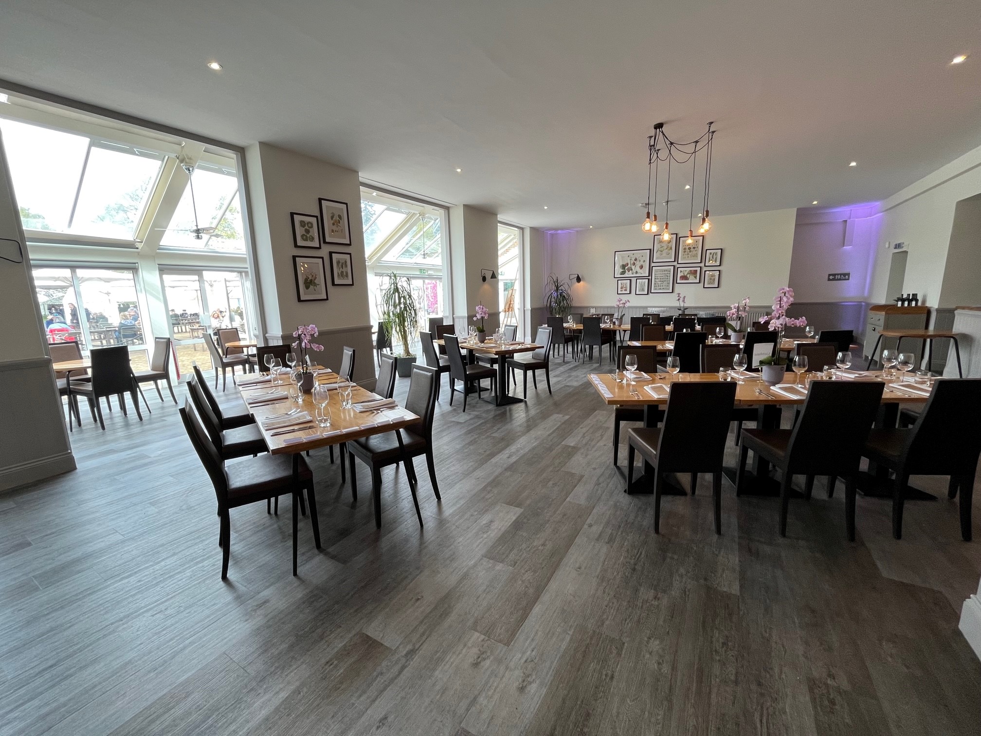 Modern dining space in Tulip Tree Room, RHS Garden Wisley for events and meetings.
