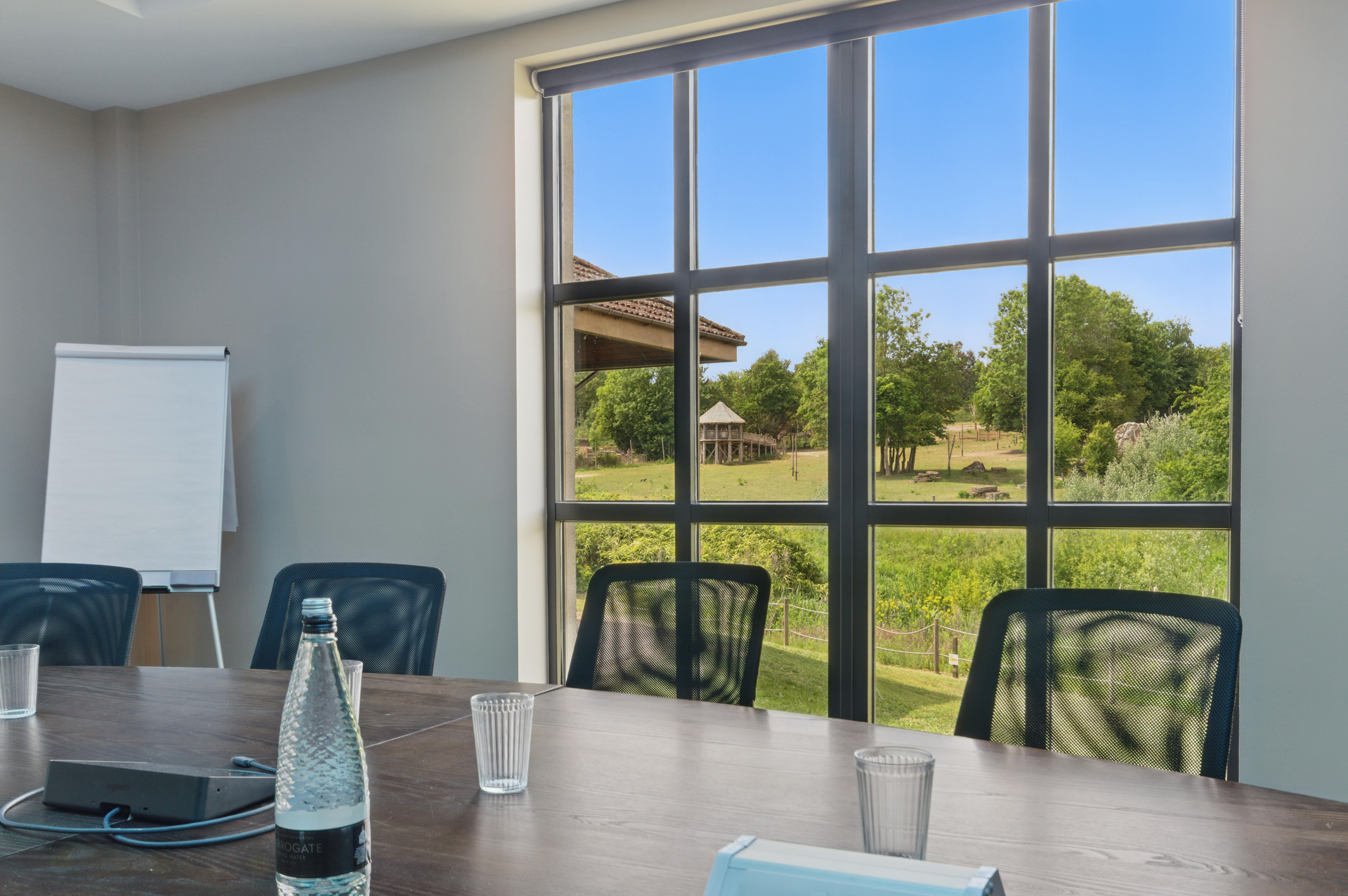 Modern meeting room with large window at Chessington World of Adventures Resort.