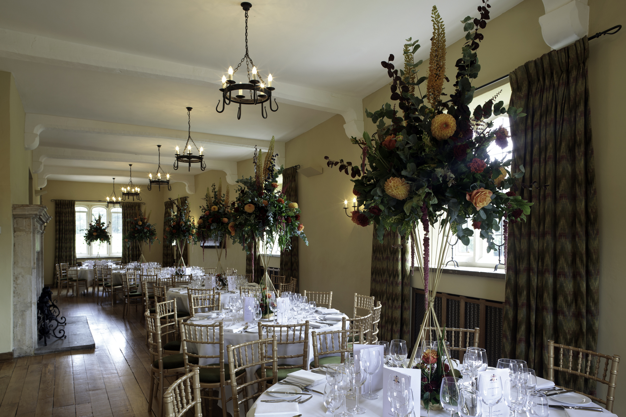 Elegant event space in Leeds Castle's Maiden's Tower, ideal for formal dinners and celebrations.