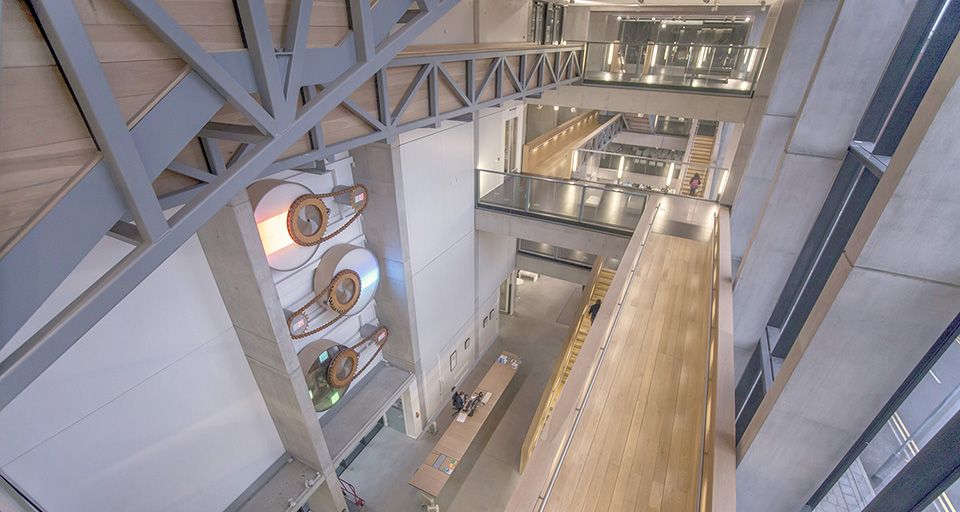 Modern exhibition space in Benzie Building with high ceilings, ideal for events and meetings.