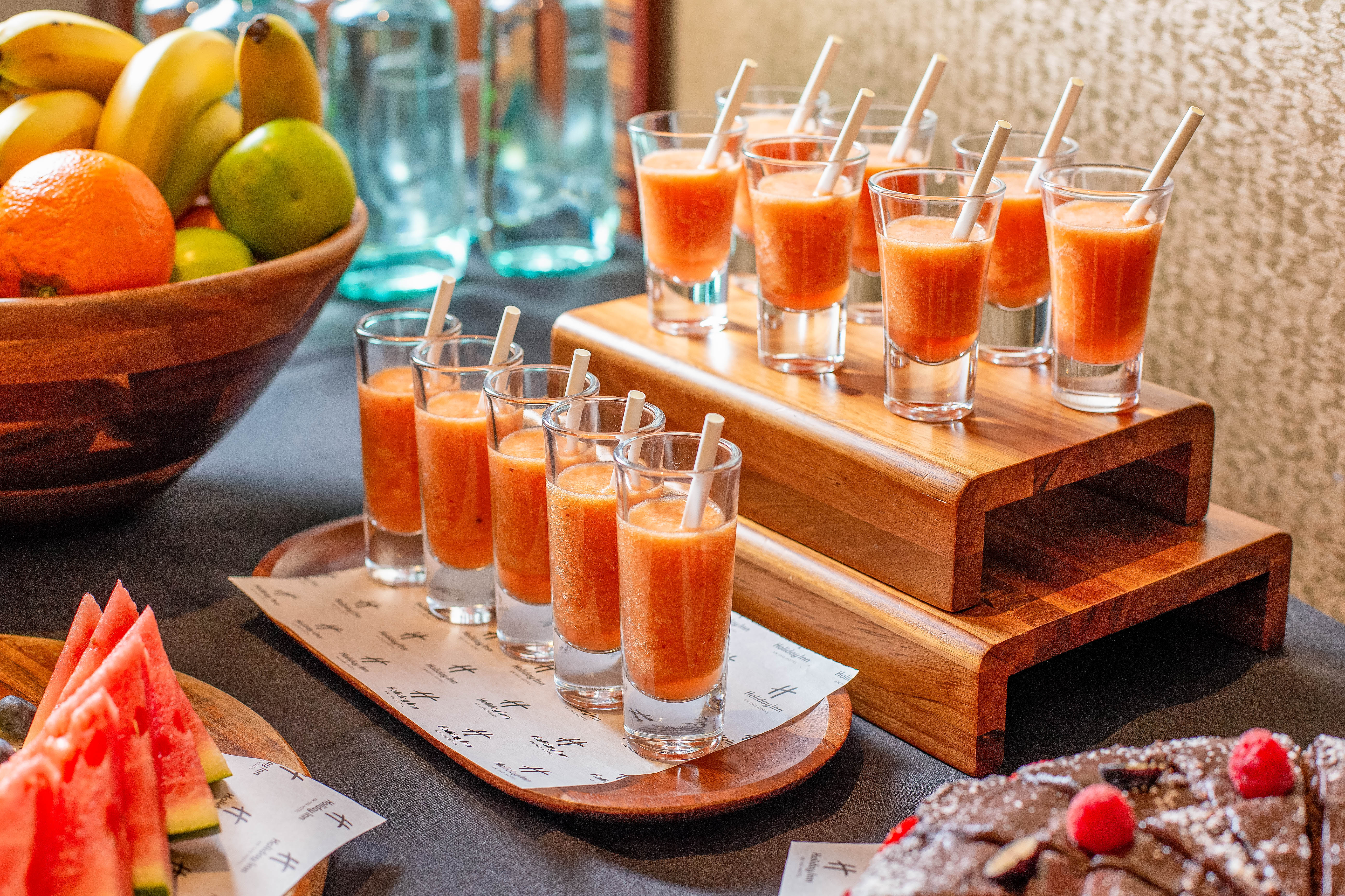 Executive Boardroom 1-3 with vibrant shot glasses and fresh fruits for events in London.